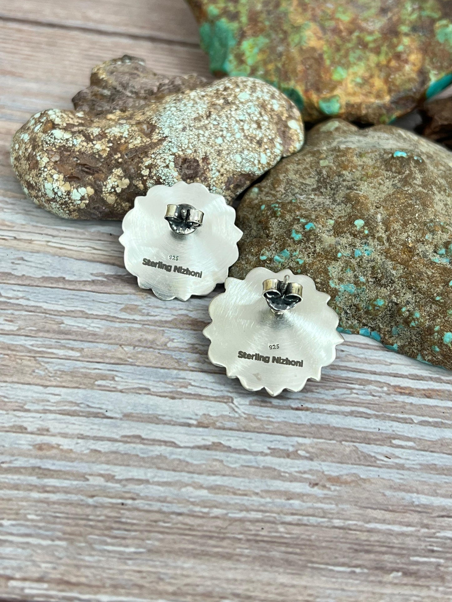 Handmade Sterling Silver Blackjack Turquoise Post Studs with Signed Nizhoni