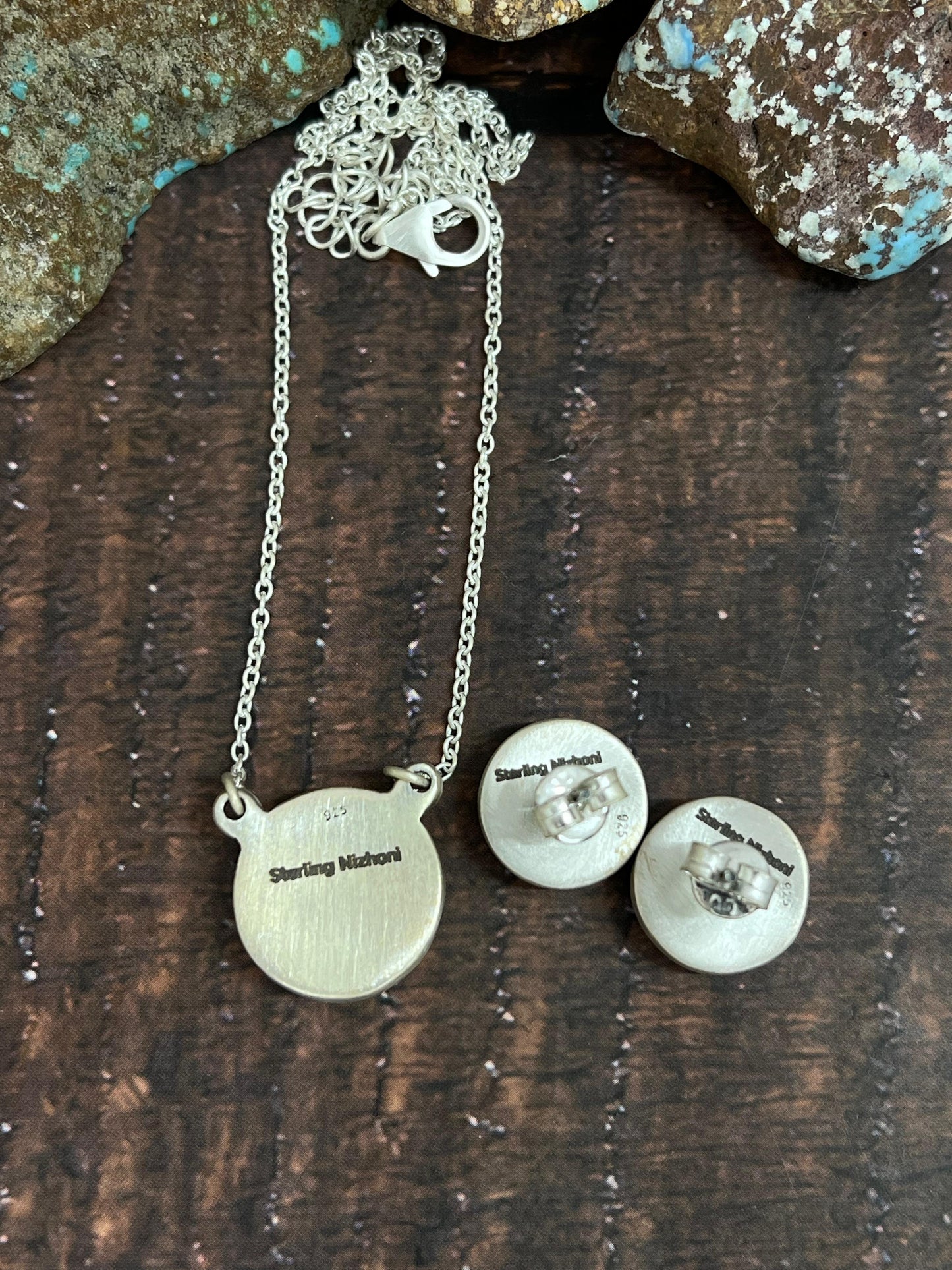 Handmade Sterling Silver Number 8 Turquoise Necklace Earrings Set with Signed Nizhoni