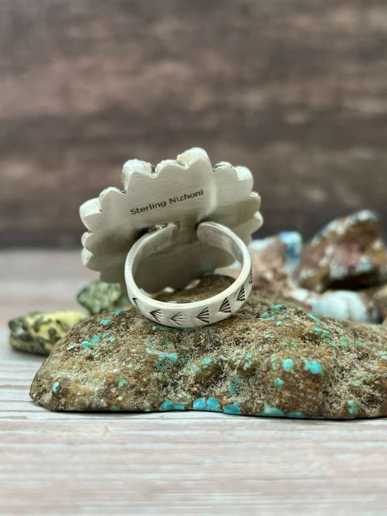 Handmade Sterling Silver White Buffalo Adjustable Ring "Signed Nizhoni" (1)