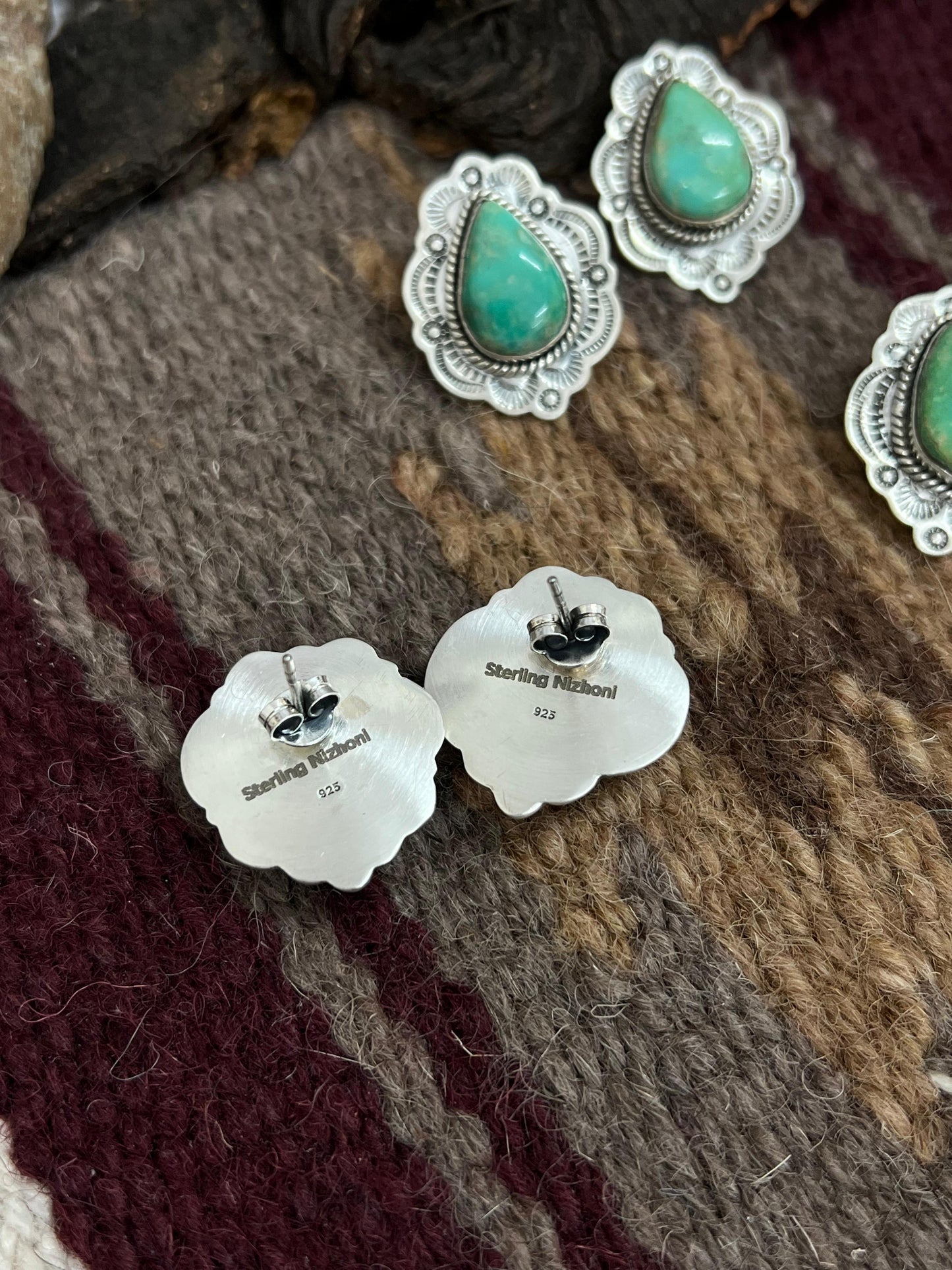 Handmade Sterling Silver Mantis Turquoise Post Studs Signed Nizhoni