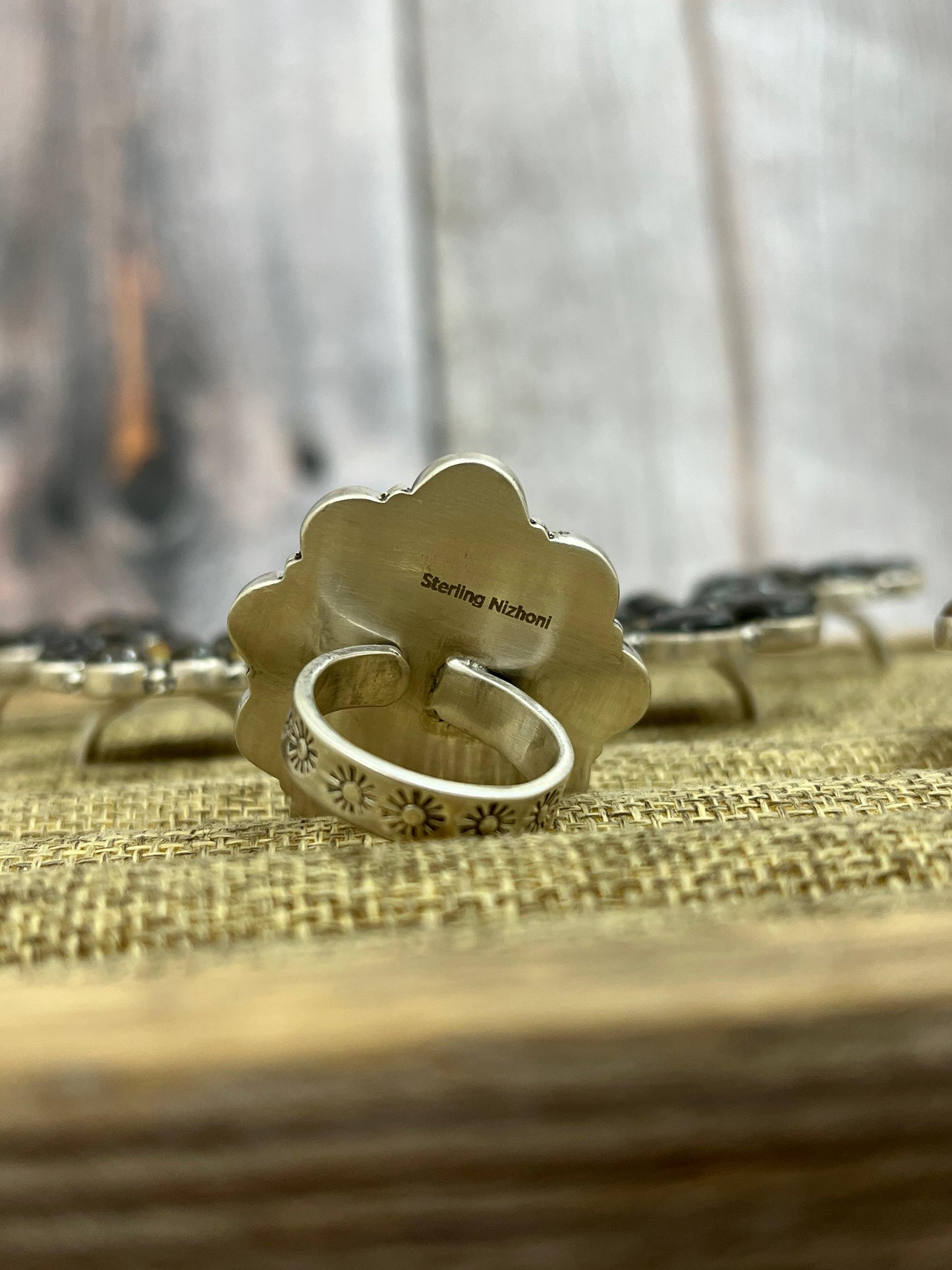 Handmade Sterling Silver Blackjack Turquoise Adjustable Ring Signed Nizhoni
