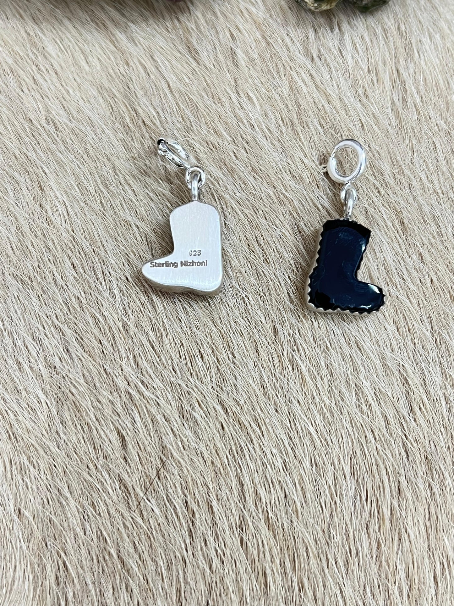 Handmade Sterling Silver Black Onyx, Cotton Candy Boot Charm with Signed Nizhoni