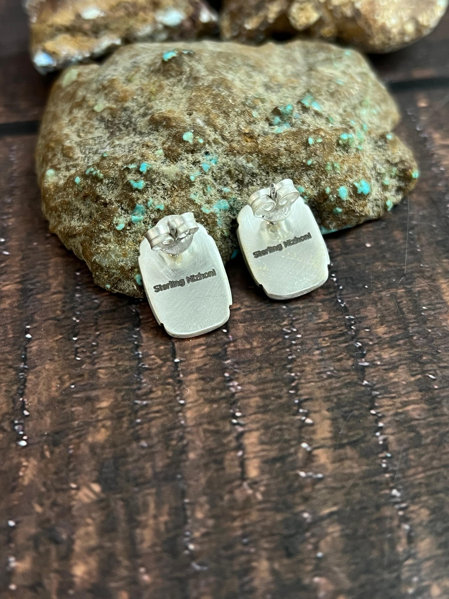 Handmade Sterling Silver Kingman Turquoise Studs with Signed Nizhoni