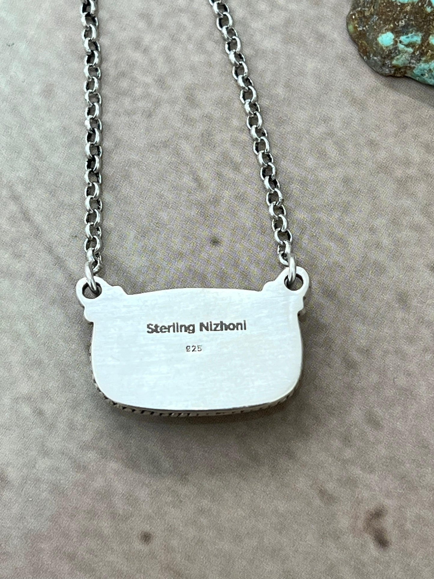Handmade Sterling Silver Ribbon Royston Necklace with Signed Nizhoni