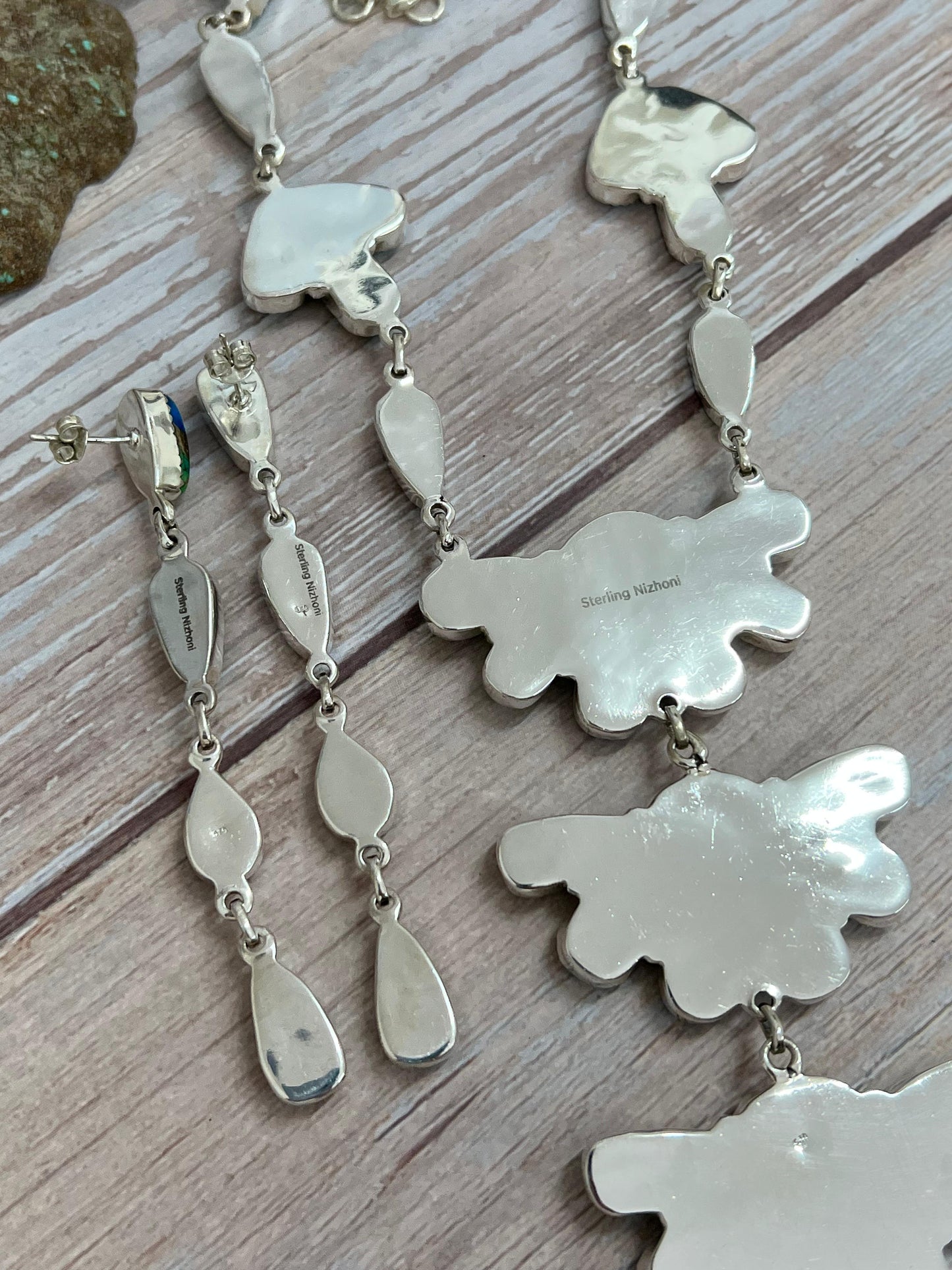 Handmade Sterling Silver Peacock Dahlia with Druzy Necklace Earrings Set with Signed Nizhoni
