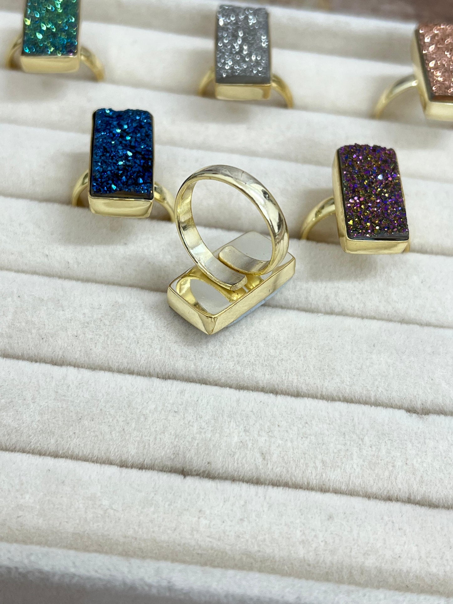 “The Boho Collection” Handmade Natural Druzy Adjustable Baguette Ring- 6 Colors