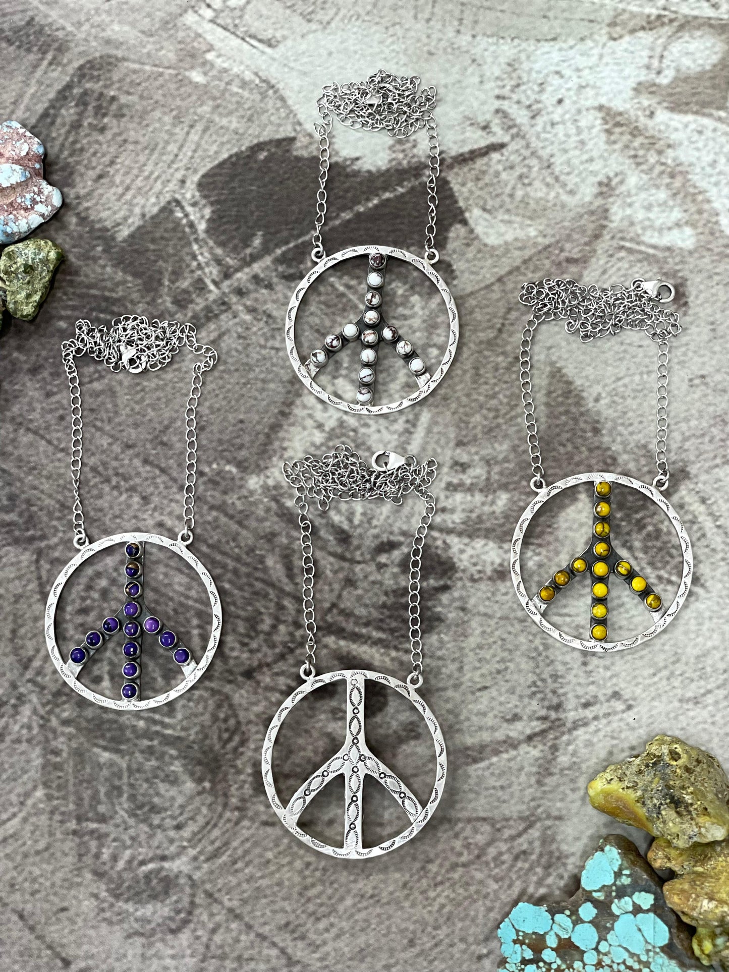 Handmade Sterling Silver Multi Stone PEACE Necklace Signed Nizhoni