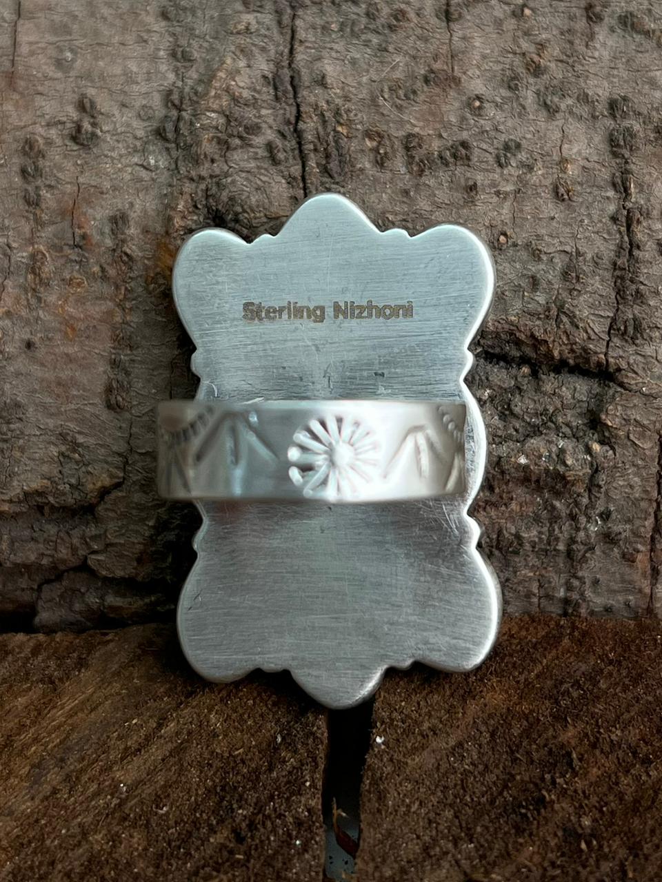 Handmade Sterling Silver Blackjack Turquoise Adjustable Ring "Signed Nizhoni"
