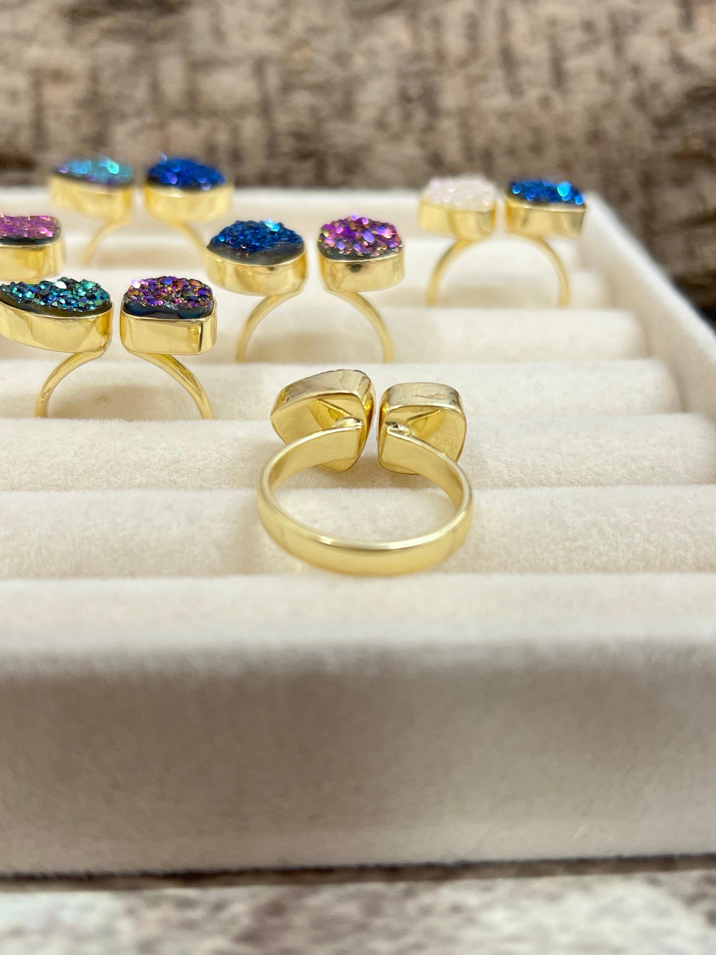 “The Boho Collection” Natural 2 Stone Druzy Gold Plated Adjustable Ring