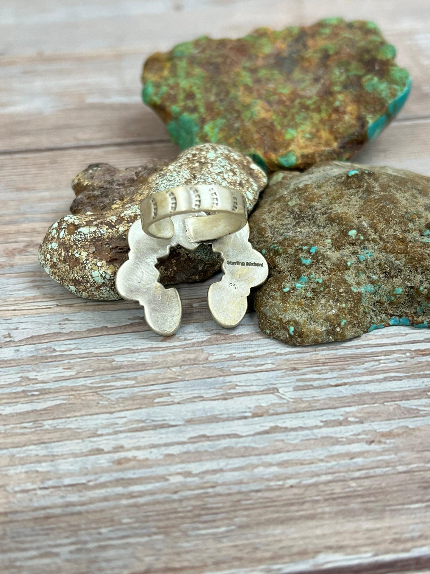 Handmade Sterling Silver Kingman Turquoise Naja Adjustable Ring with Signed Nizhoni