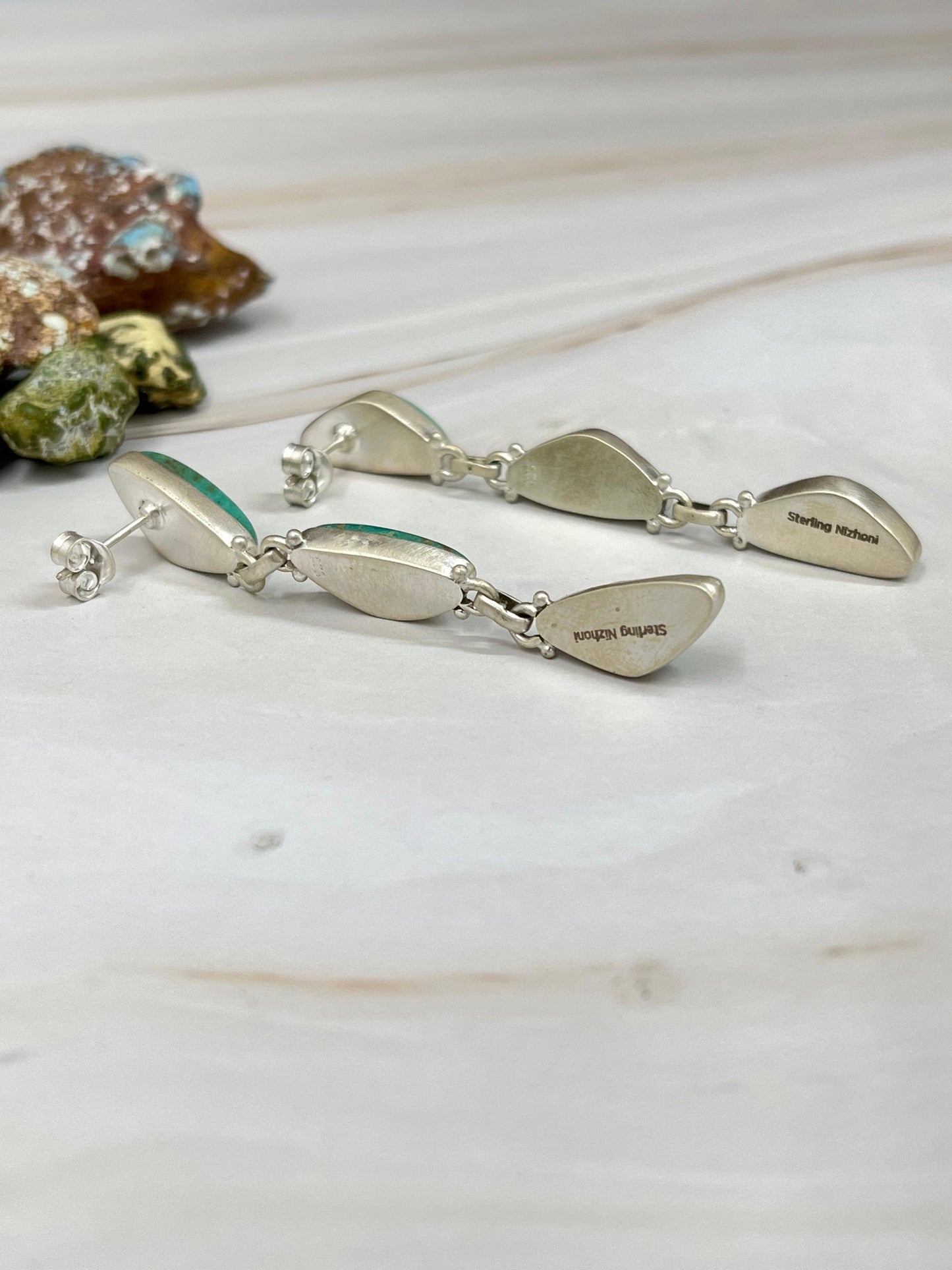 Handmade Sterling Silver Royston Turquoise Dangle Earrings with Signed Nizhoni (7)