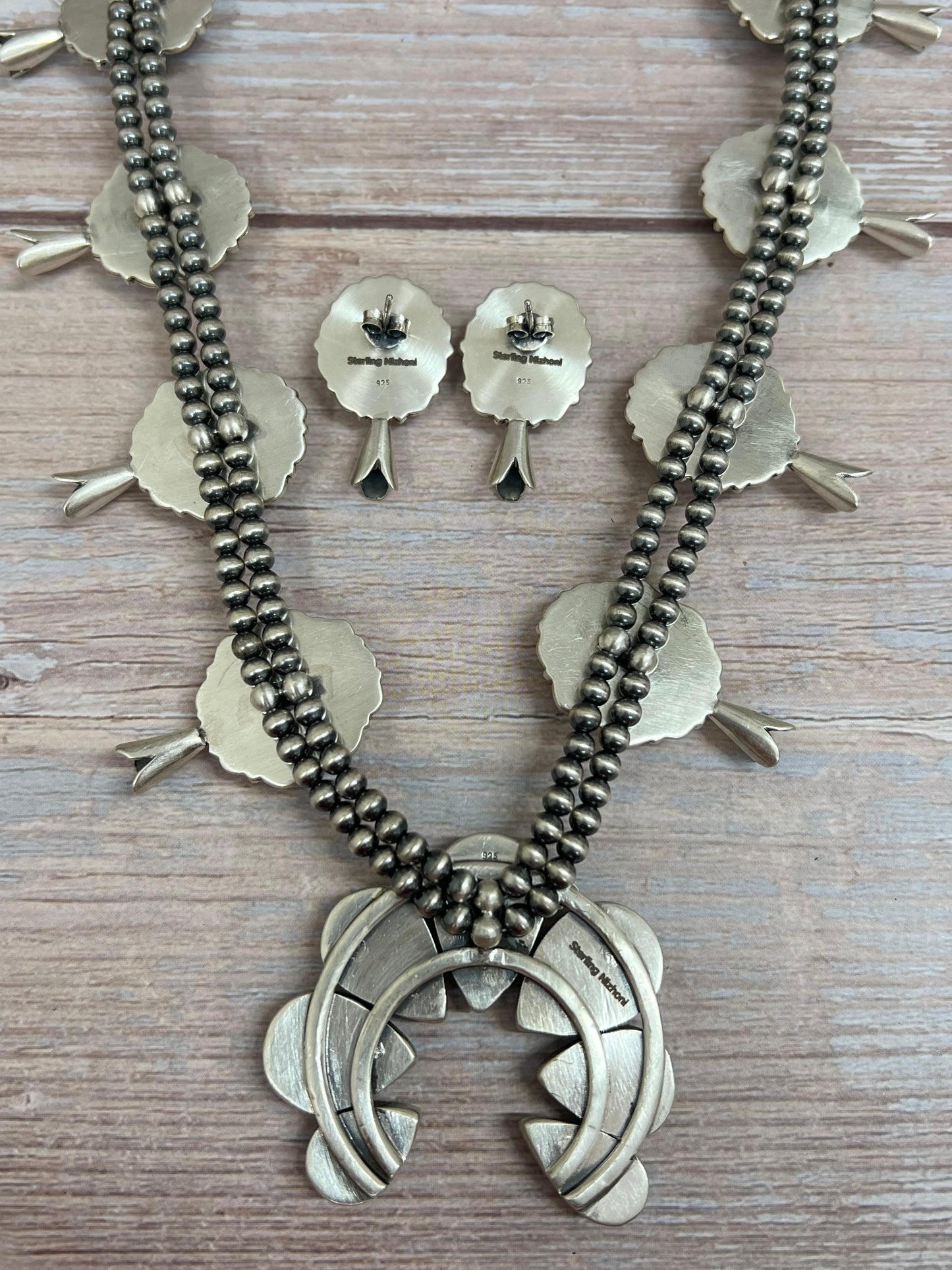 Handmade Sterling Silver Blackjack Turquoise Beaded Squash Blossom Necklace Earrings Set with Signed Nizhoni