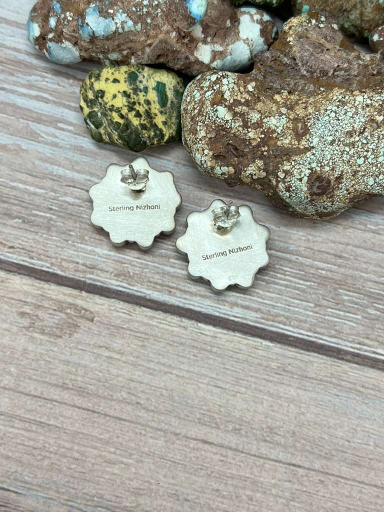 Handmade Sterling Silver Kingman Turquoise Post Studs Earrings "Signed Nizhoni"