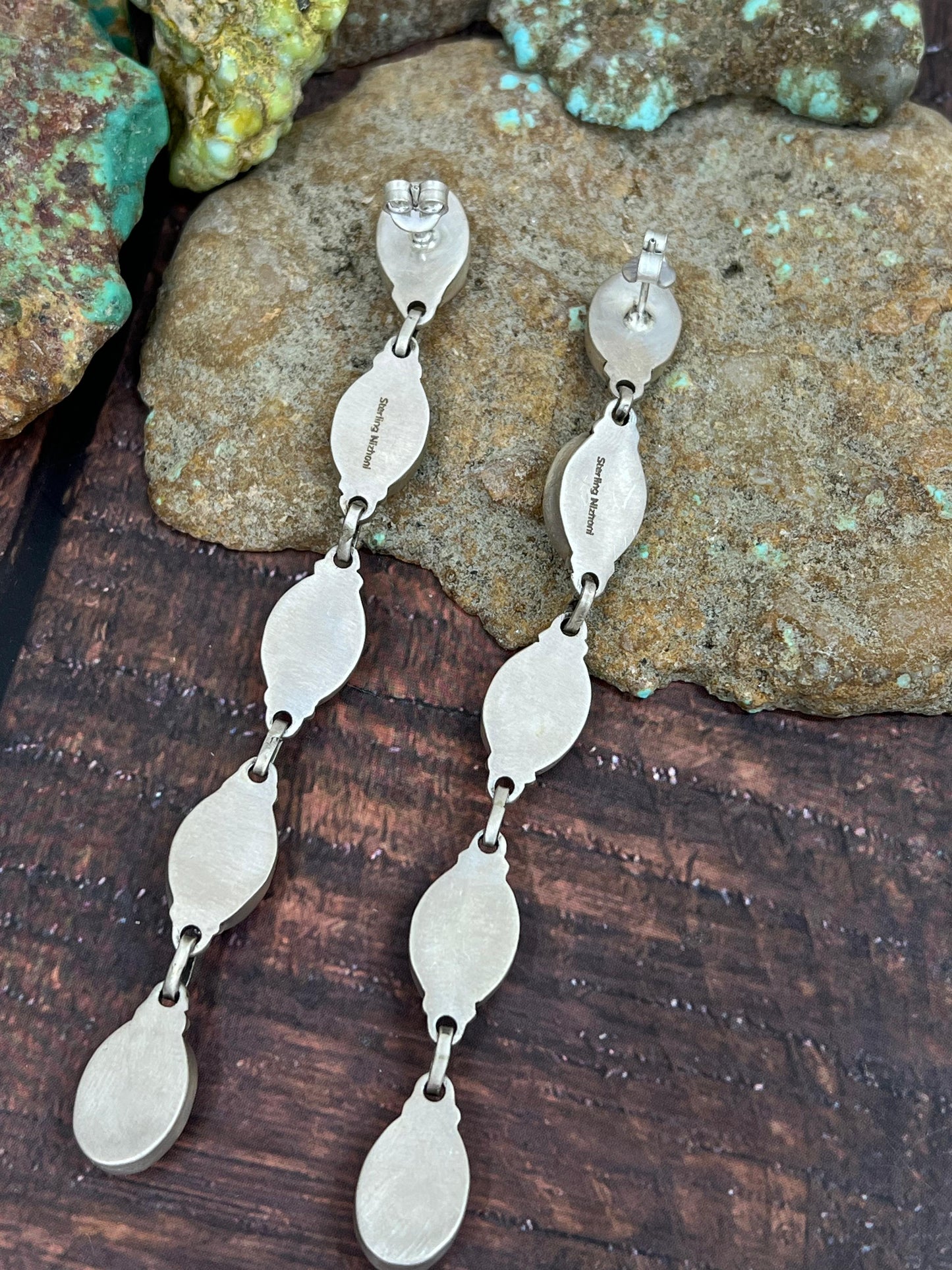 Handmade Sterling Silver Cotton Candy Turquoise Dangle Earrings with Signed Nizhoni