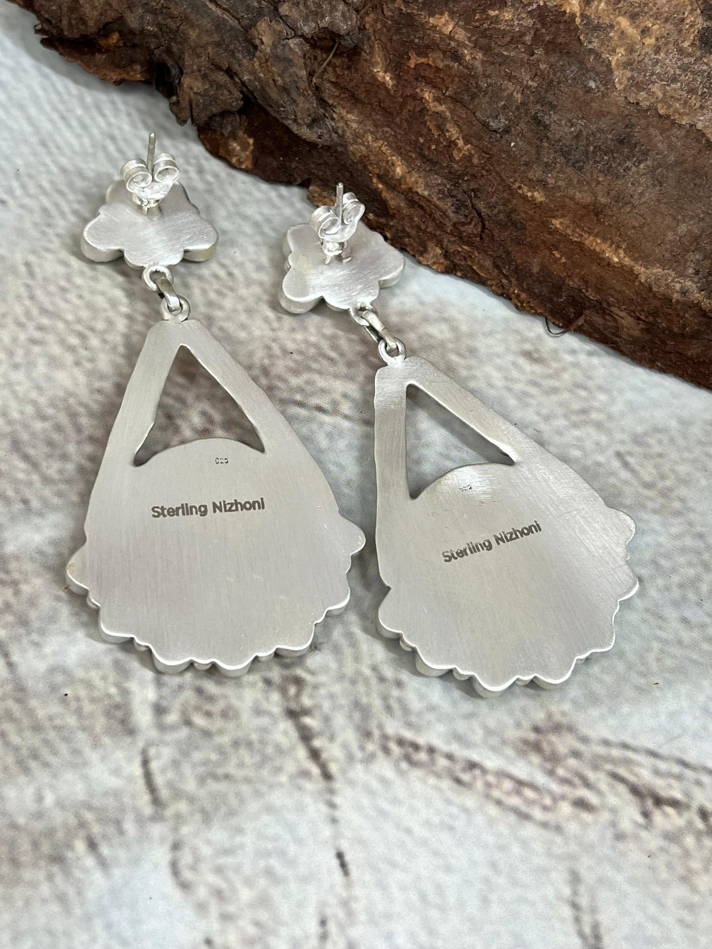 Handmade Sterling Silver Kingman Turquoise Post Dangle Earrings with Signed Nizhoni