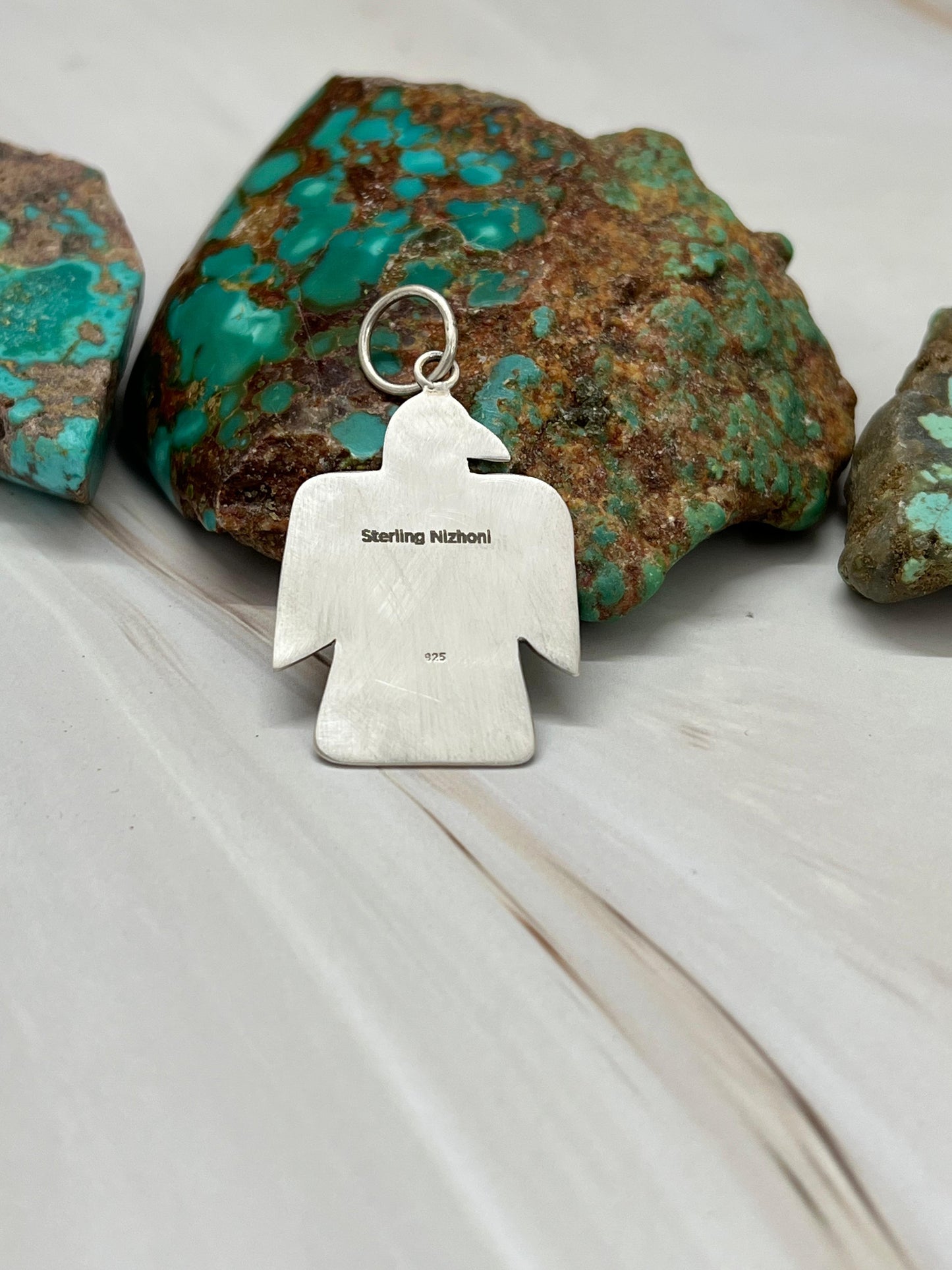 Handmade Sterling Silver Thunder Bird Kingman Turquoise Pendant with Signed Nizhoni