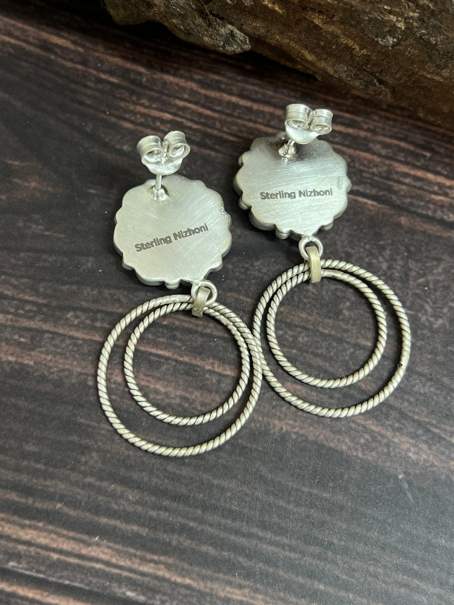 Handmade Sterling Silver Kingman Turquoise Post Dangle Earrings with Signed Nizhoni