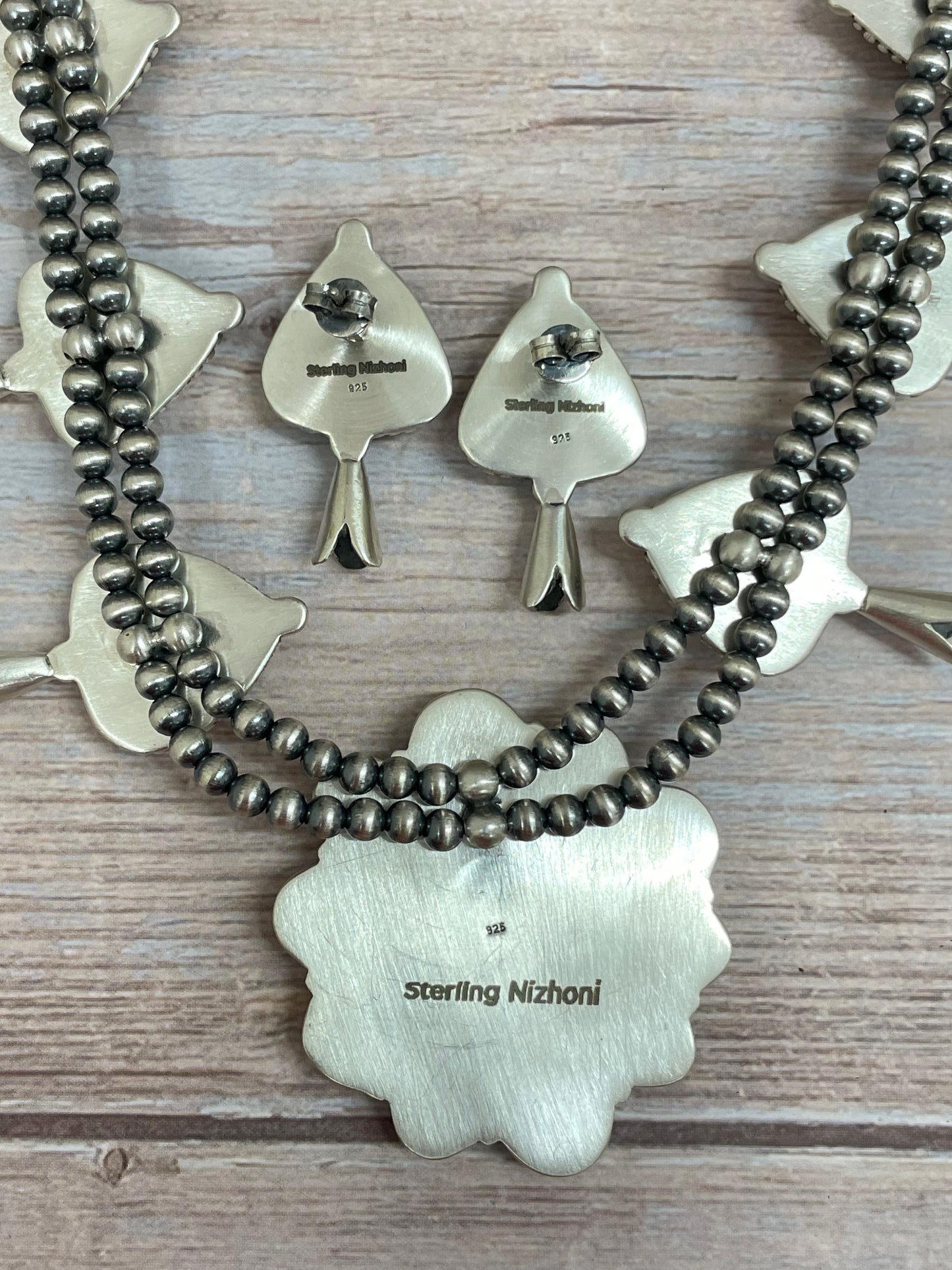 Handmade Sterling Silver Blackjack Turquoise Beaded Necklace Earrings Set with Signed Nizhoni