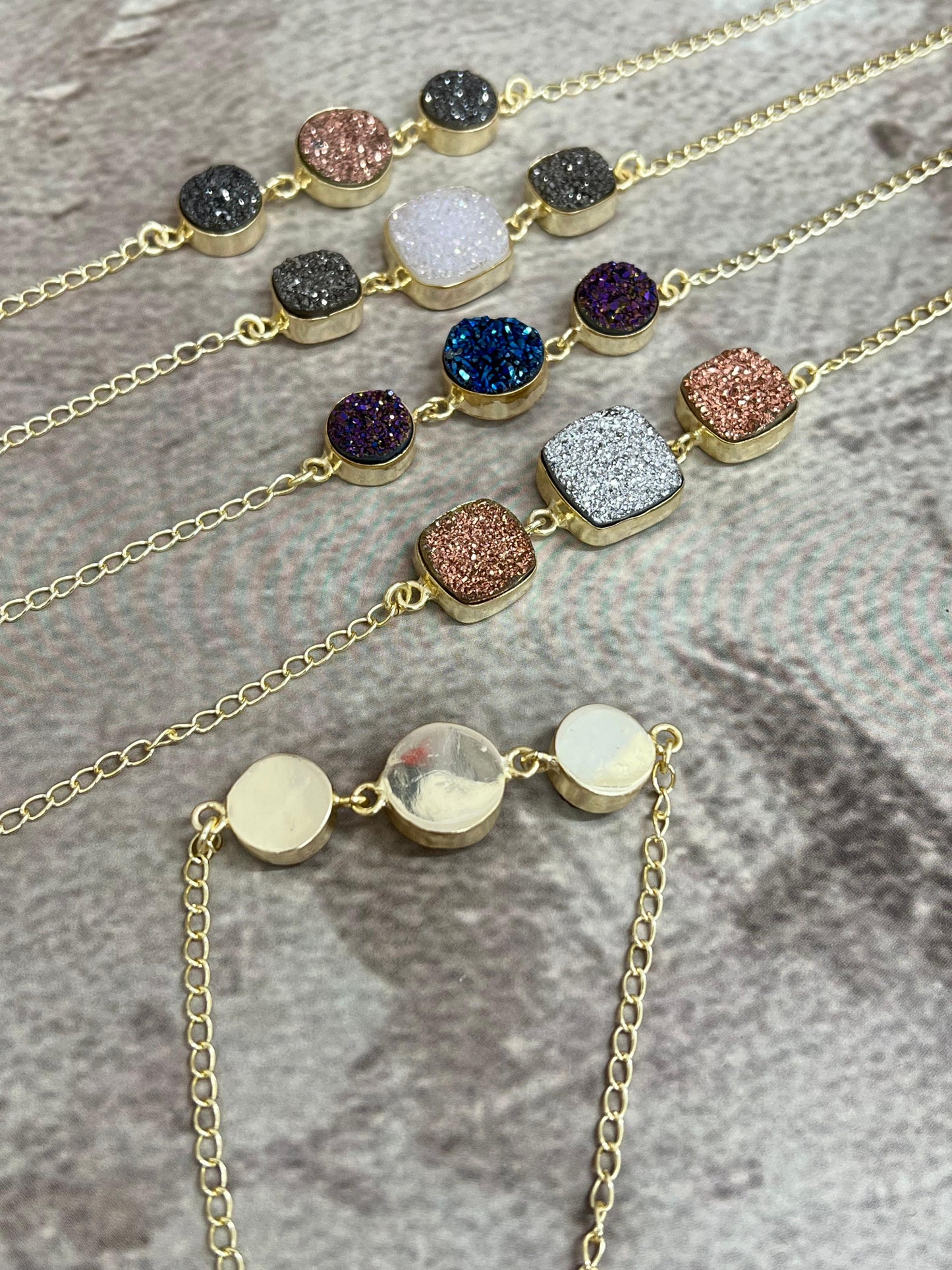 “The Boho Collection” Handmade Natural Gold Plated 3 Stone Druzy Chain Bracelet