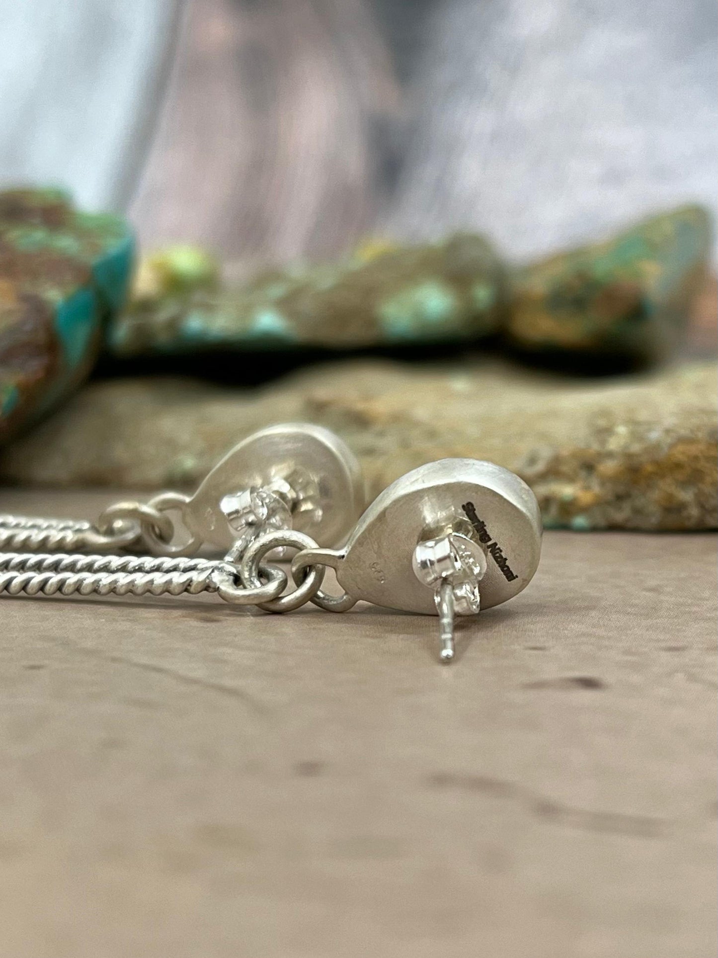 Handmade Sterling Silver Cotton Candy Turquoise Dangle Earrings with Signed Nizhoni