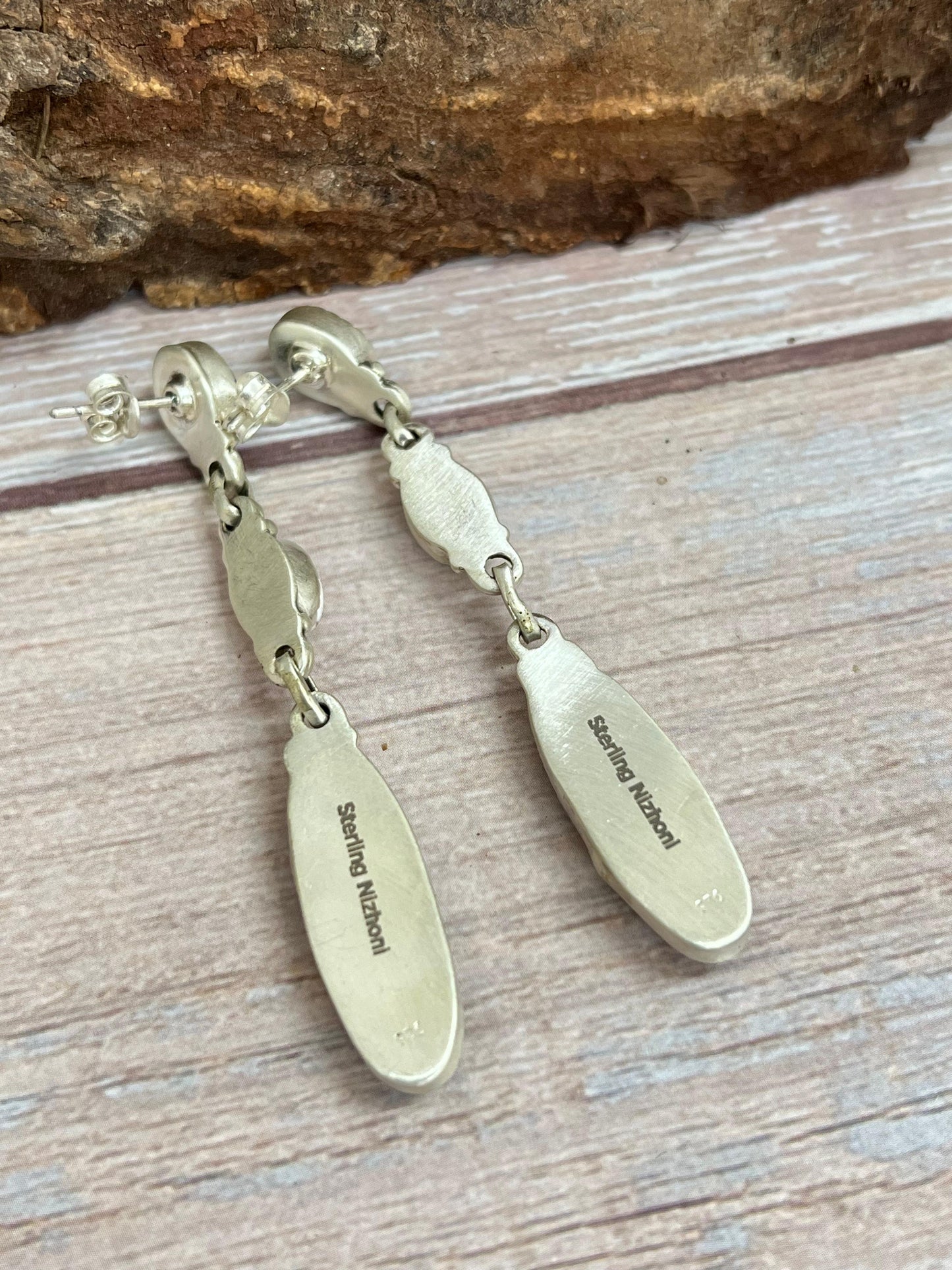 Handmade Sterling Silver Purple Kingman Mojave with White Buffalo Turquoise Dangle Earrings, Signed Nizhoni