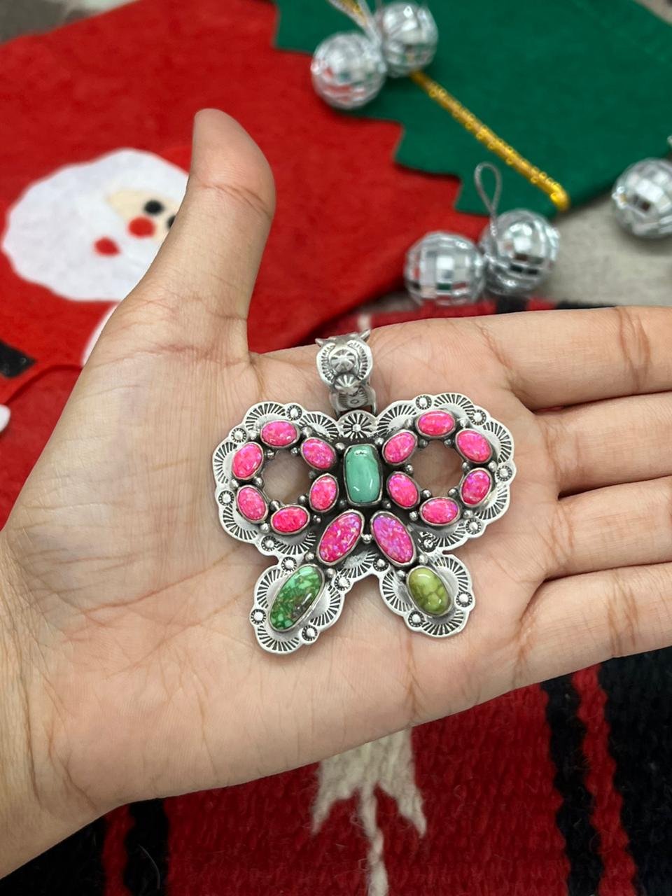 "Christmas Collection" Handmade Sterling Silver Hot Pink with Sonoran Mountain Turquoise Pendant "Signed Nizhoni"