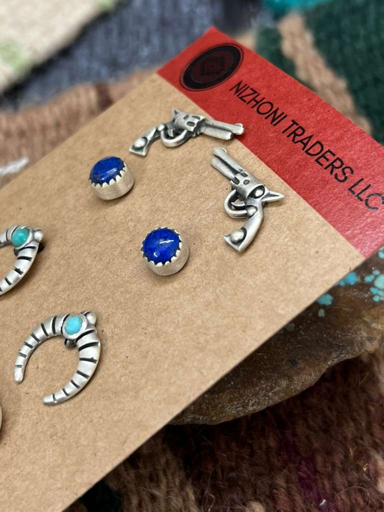 Handmade Sterling Silver Kingman Turquoise and Lapis Post Studs (Card) with Signed Nizhoni
