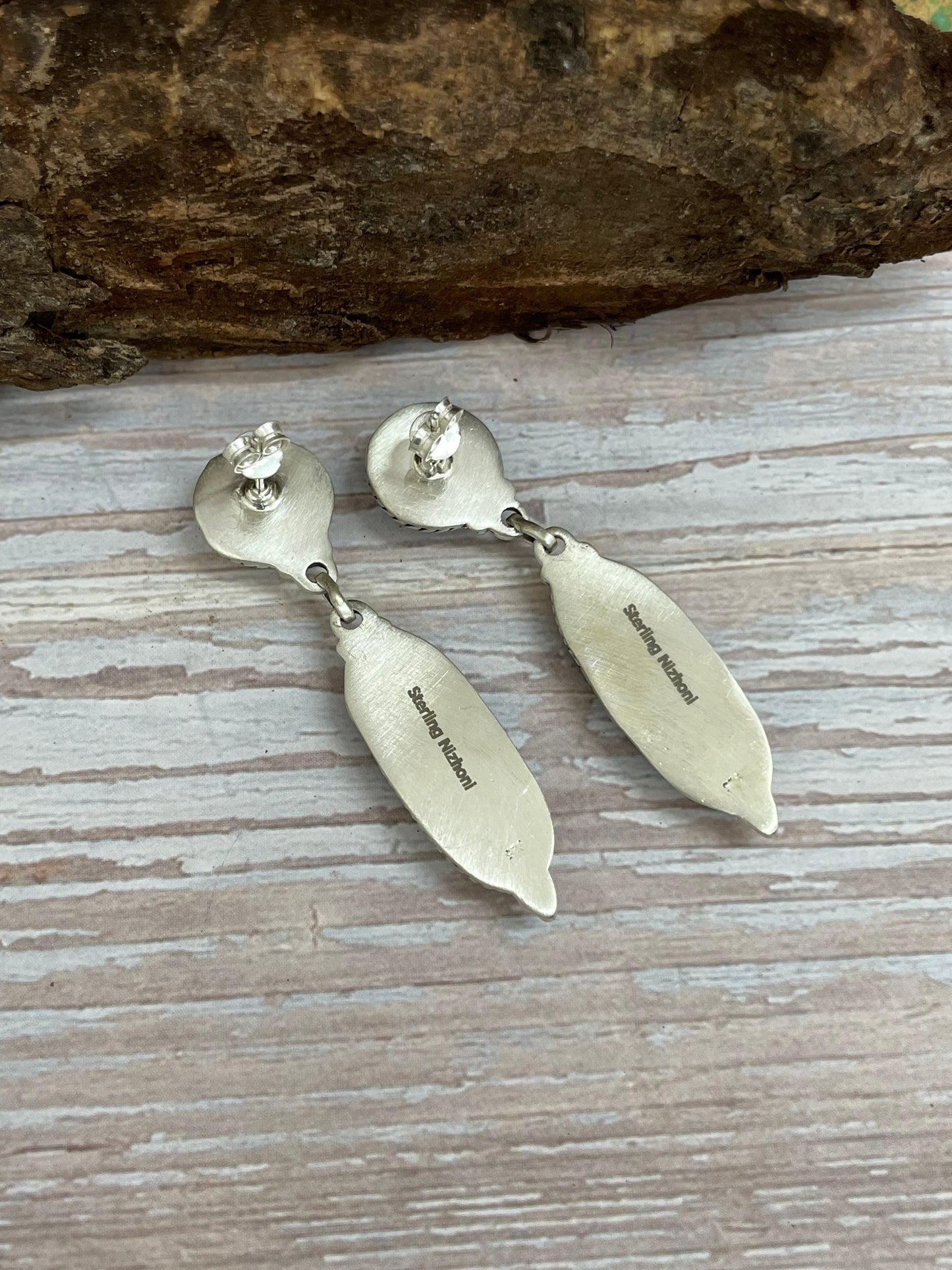 Handmade Sterling Silver Ice Blue Dahlia with Wild Horse Dangle Earrings, Signed Nizhoni