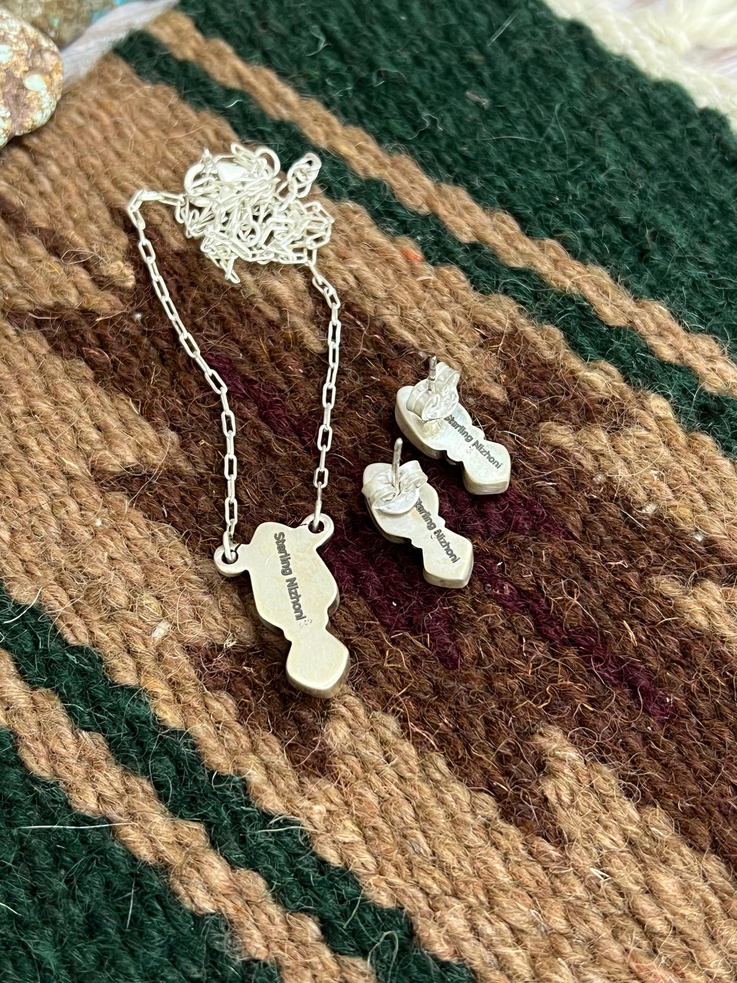 Handmade Sterling Silver Kingman Turquoise, Wild Horse Magnesite Necklace Earrings Set with Signed Nizhoni