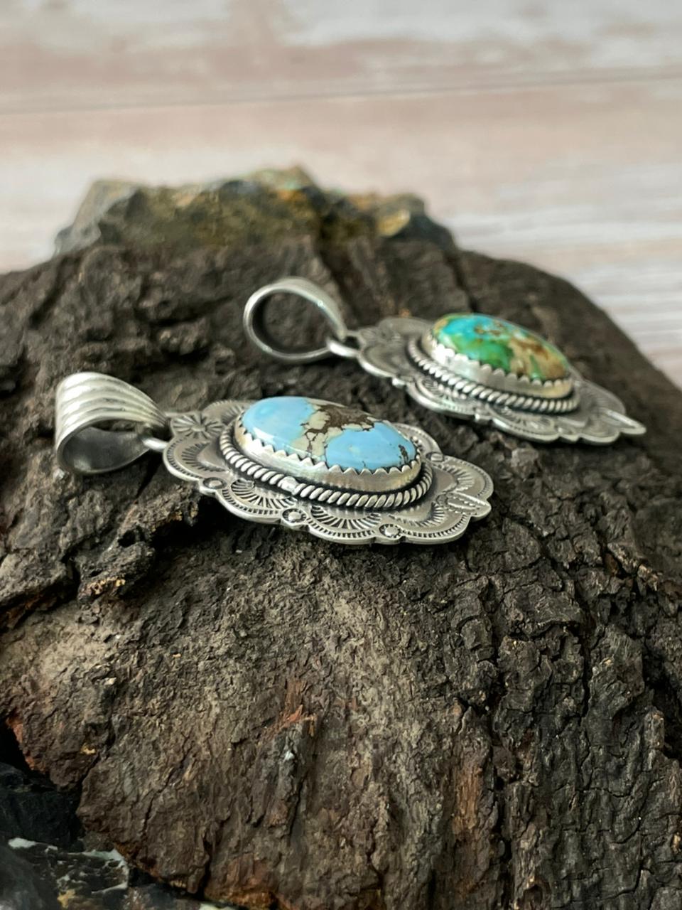 Handmade Sterling Silver Sonoran Mountain Turquoise, Golden Hills Turquoise Pendant " Signed Nizhoni"