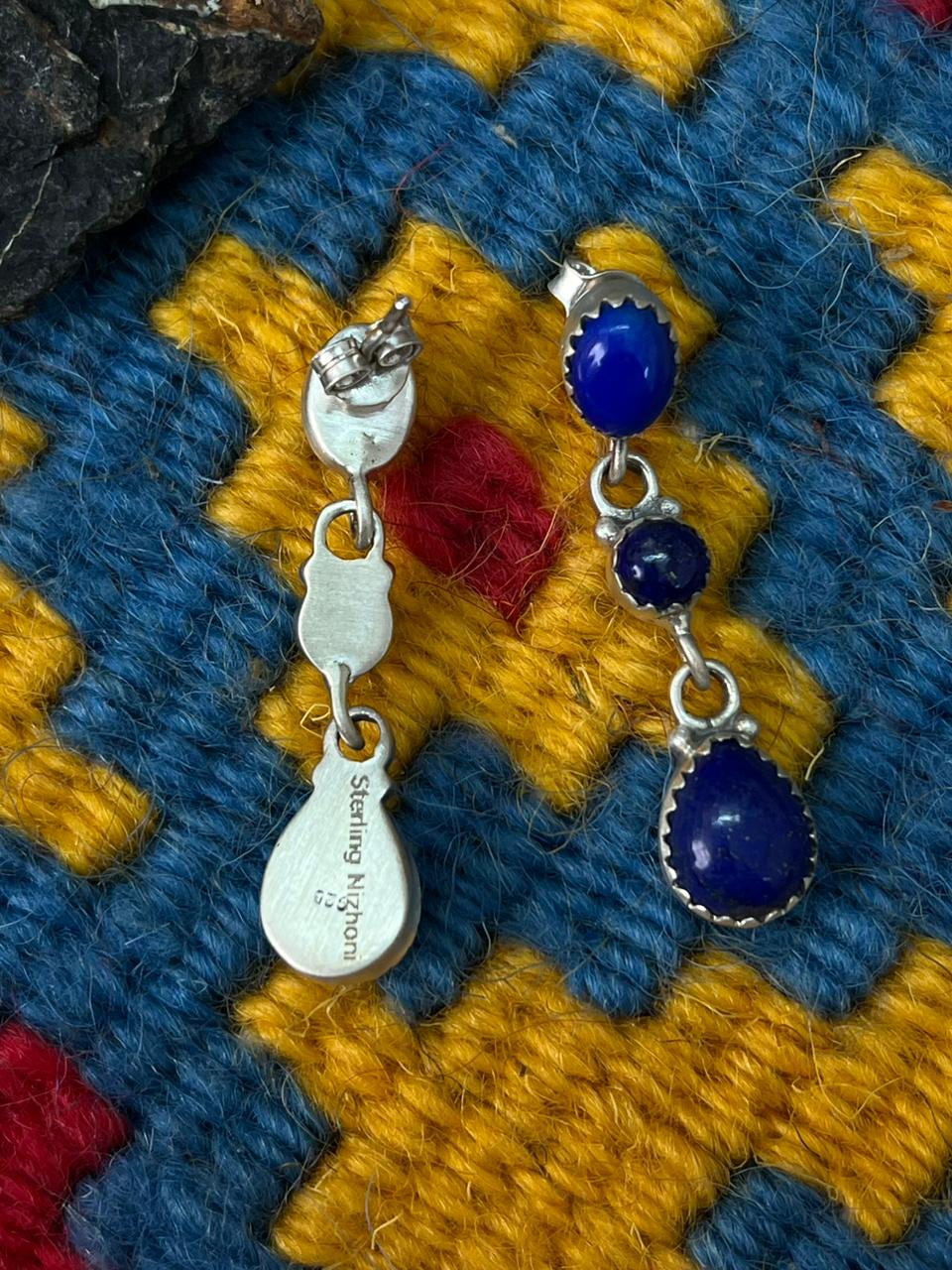 Handmade Sterling Silver Lapis Post Dangle Earrings "Signed Nizhoni"
