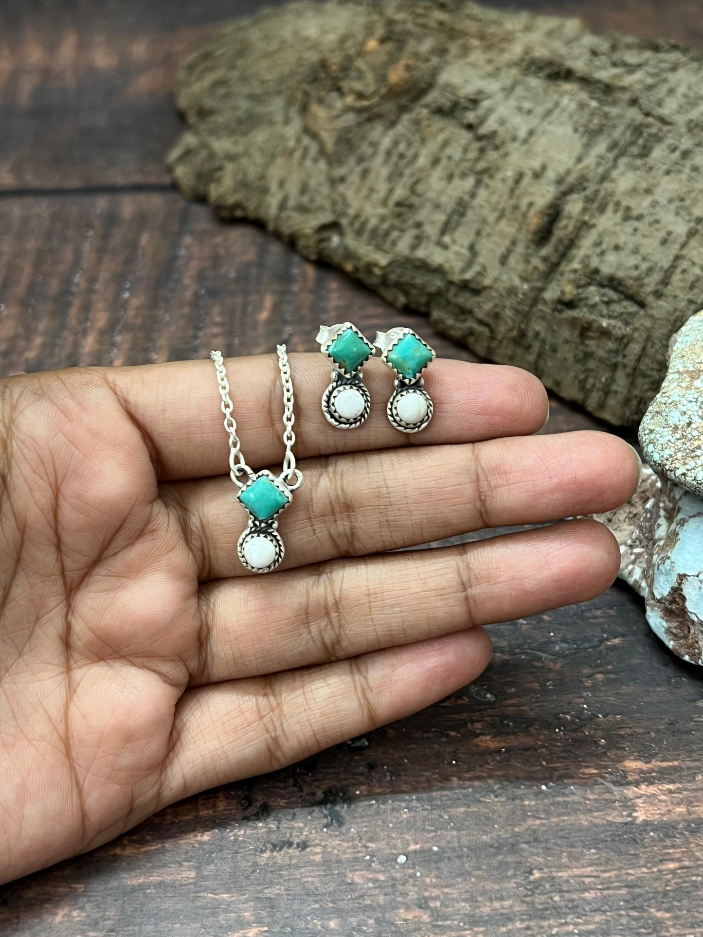 Handmade Sterling Silver Kingman with White Buffalo Necklace Earrings Set with Signed Nizhoni