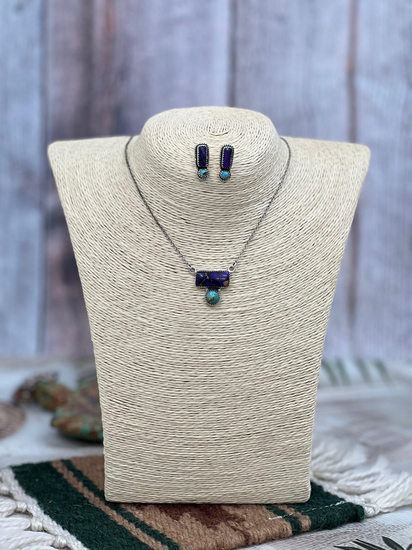 Handmade Sterling Silver Grape Dahlia With Kingman Necklace Earrings Set, Signed Nizhoni