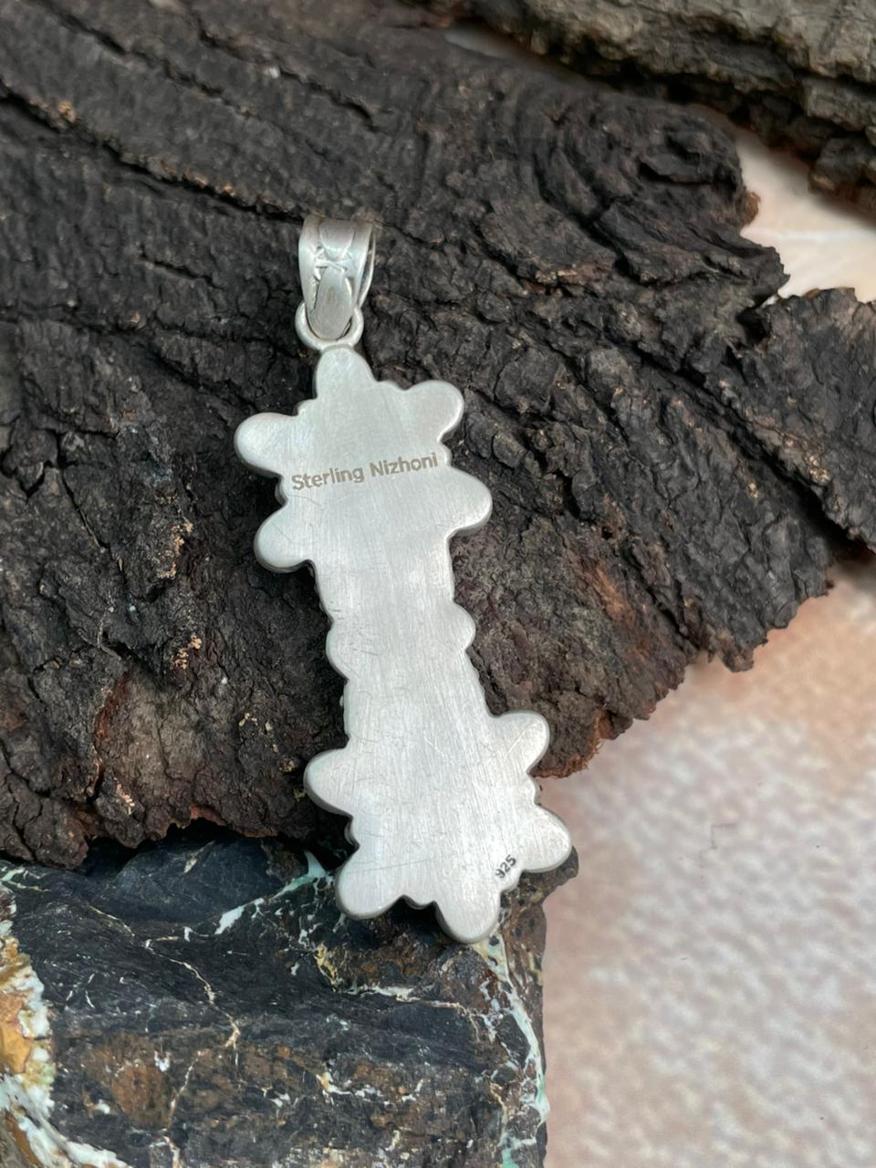 Handmade Sterling Silver White Buffalo with Cotton Candy Pendant "Signed Nizhoni"