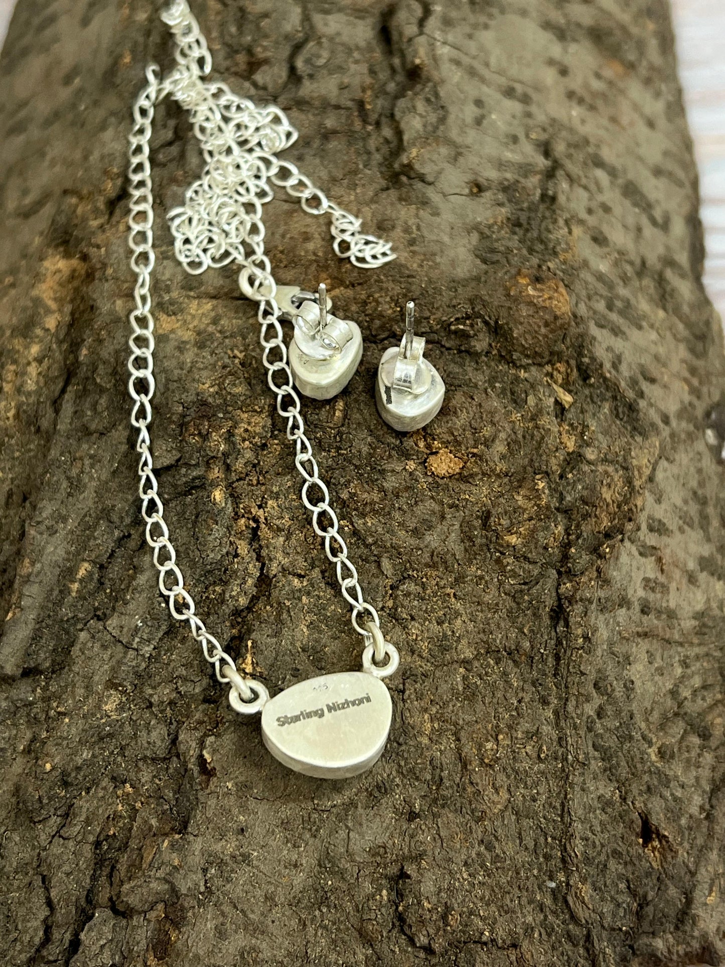 Handmade Sterling Silver White Buffalo Necklace & Earrings Set Signed Nizhoni