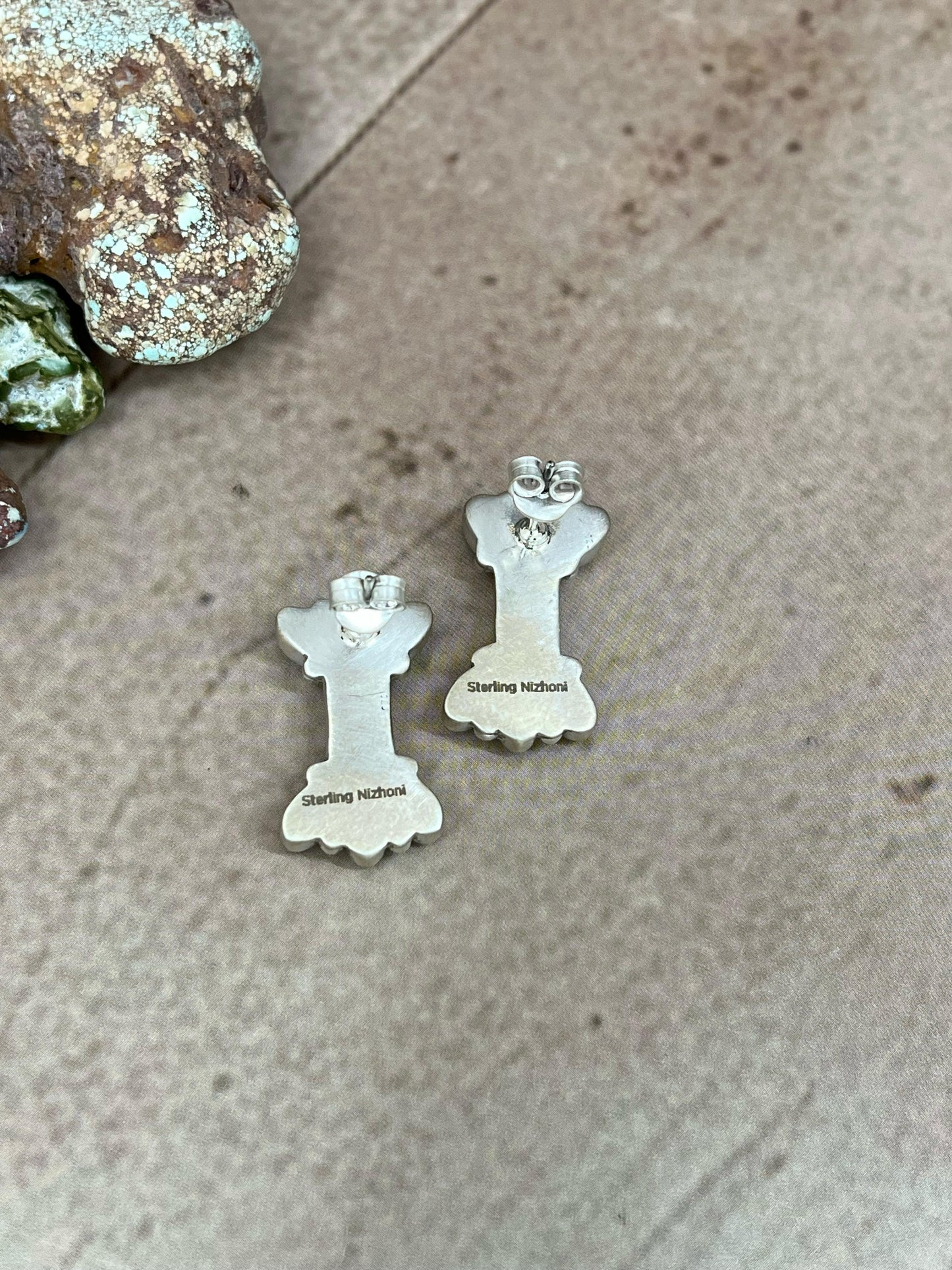 Handmade Sterling Silver Kingman Turquoise Post Earrings with Signed Nizhoni (7)