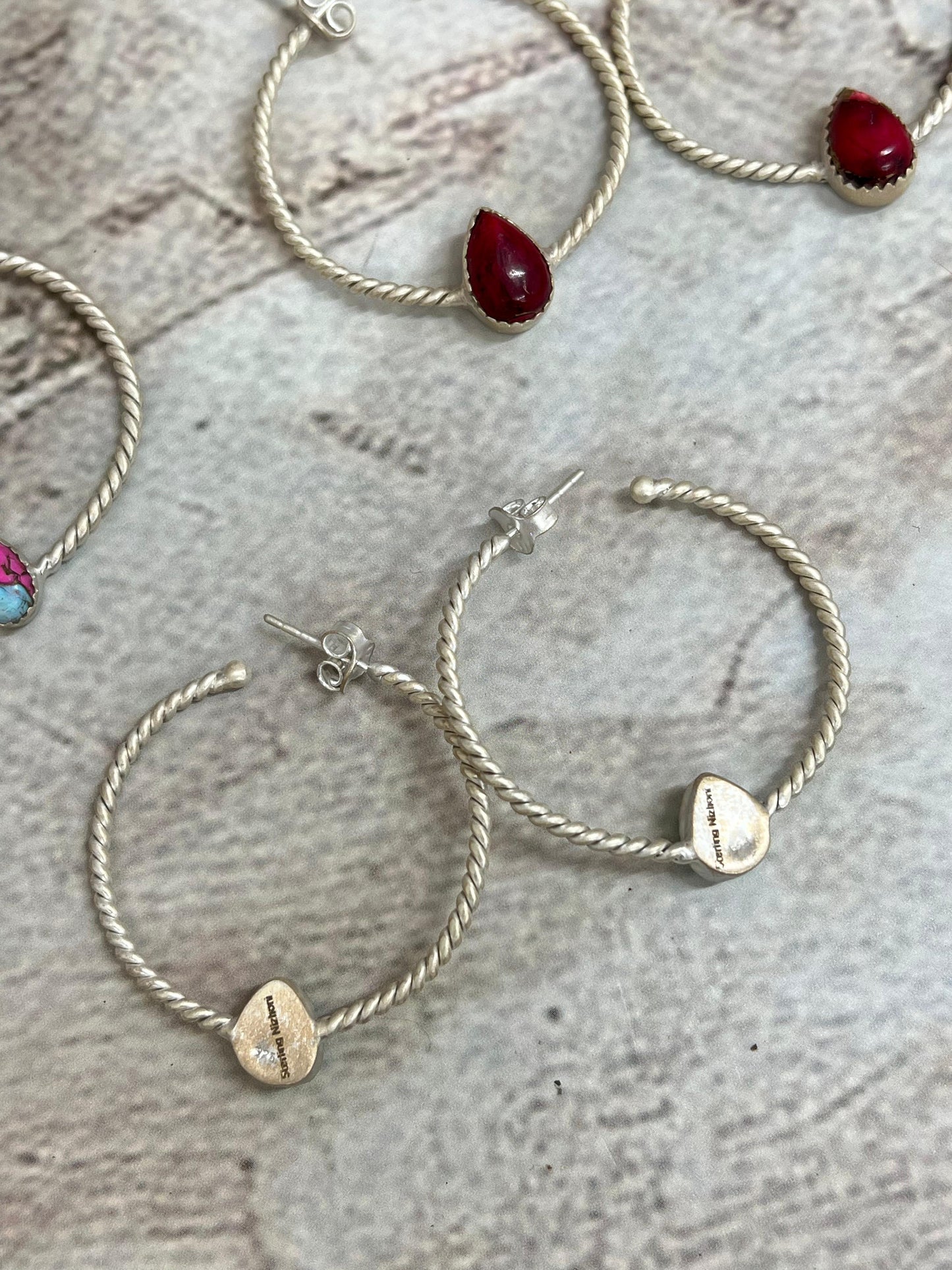 Handmade Sterling Silver Peacock Dahlia, Cotton Candy, Dahlia Rose Hoop Earrings, Signed Nizhoni
