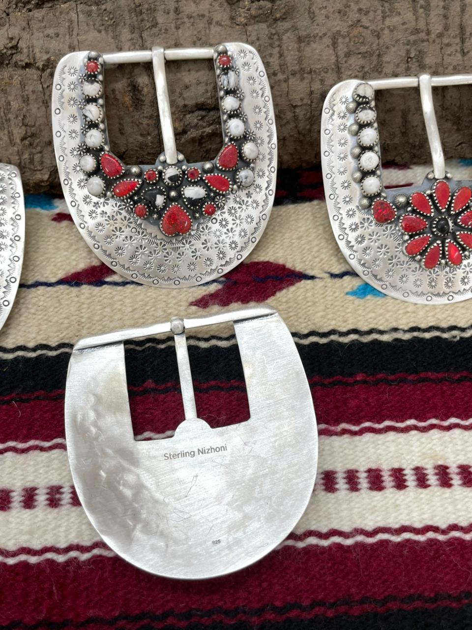 Handmade Sterling Silver Belt Buckle White Buffalo with Red Opal "Signed Nizhoni"