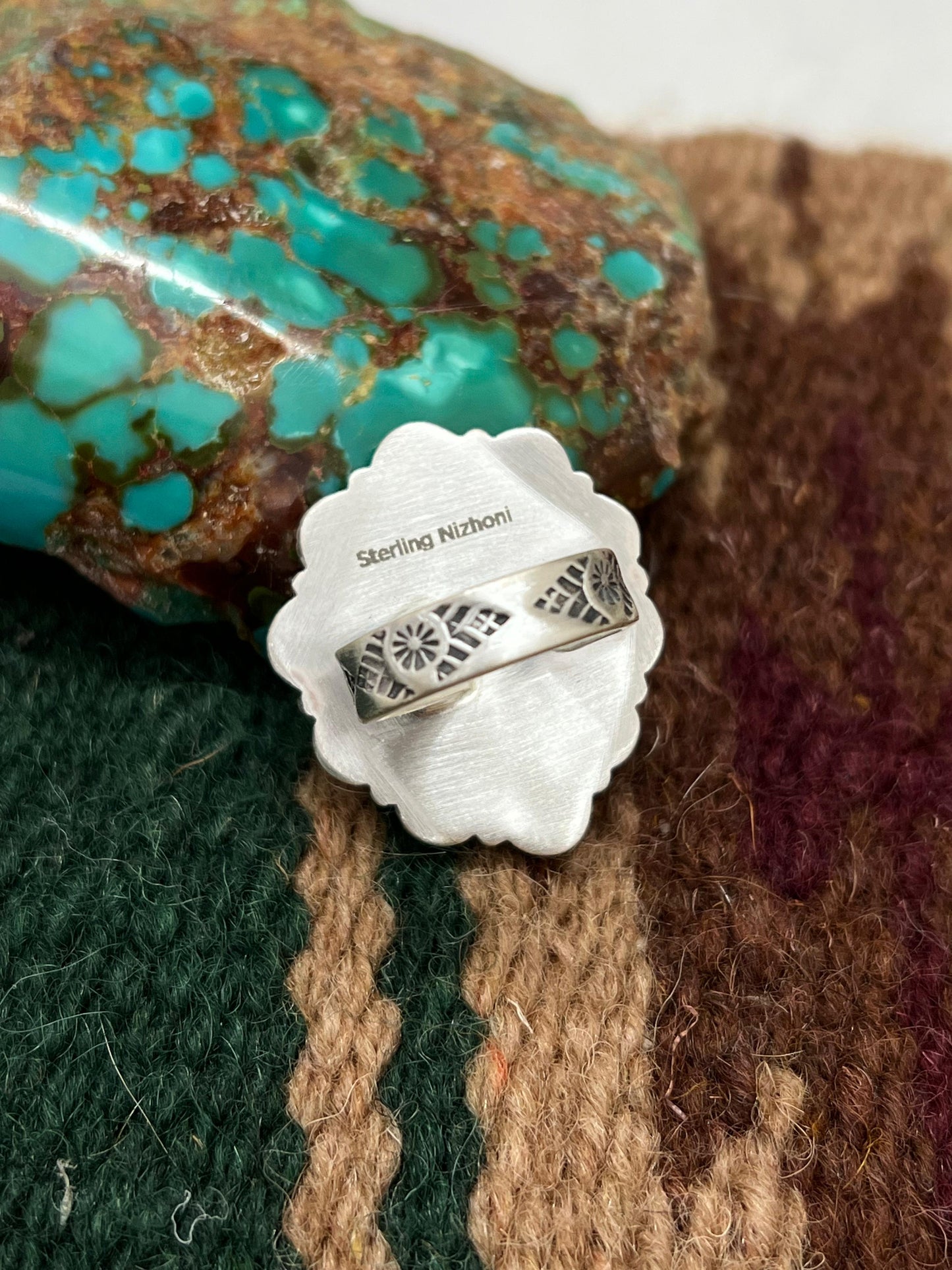 Handmade Sterling Silver White Water with Honey Dahlia Adjustable Ring with Signed Nizhoni