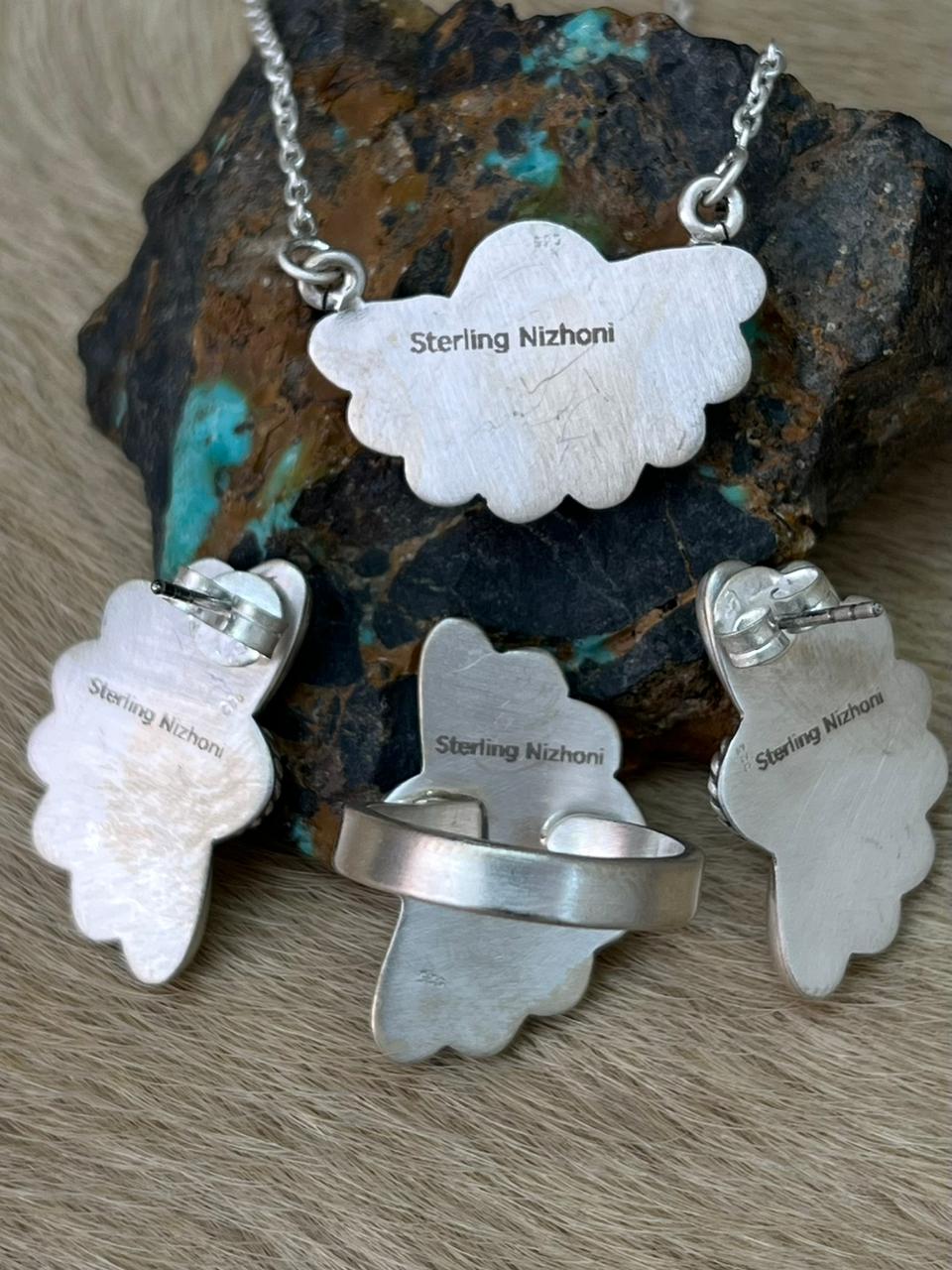 Handmade Sterling Silver Necklace Ring Earrings Set "Signed Nizhoni"
