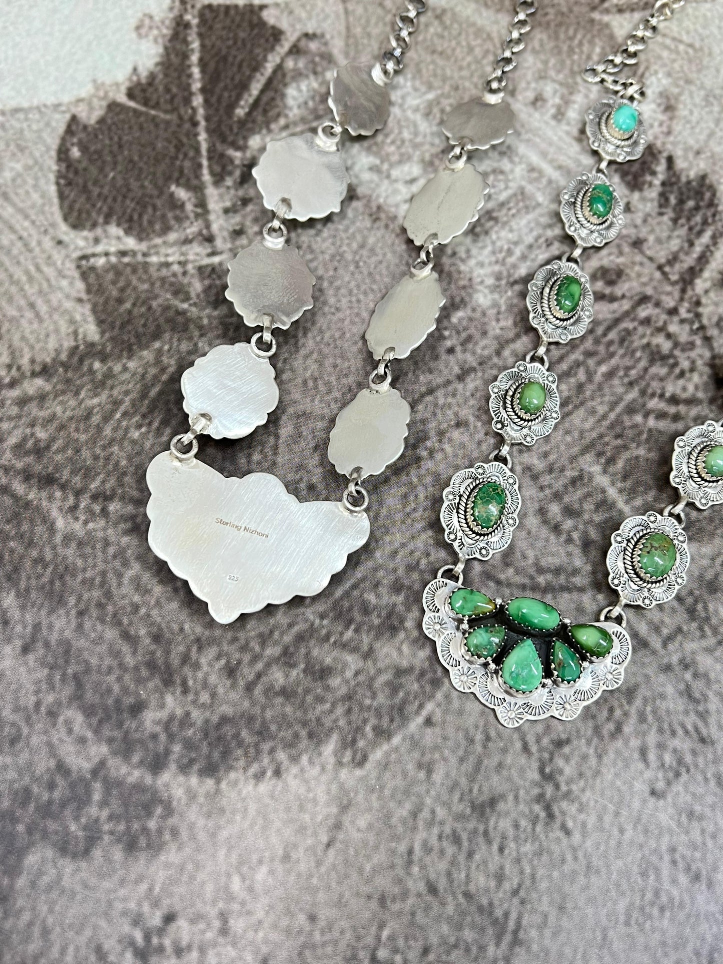 Handmade Sterling Silver Palomino, Sonoran Mountain Turquoise Necklace with Signed Nizhoni