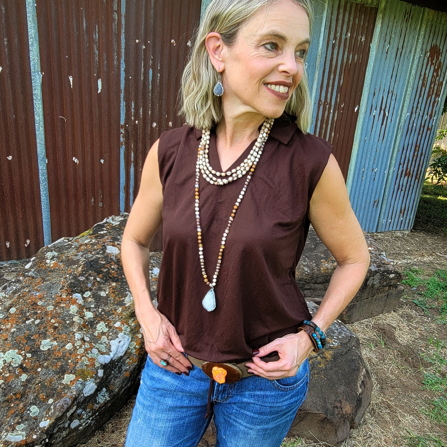 Rope Edge Leather Belt Buckle w/ Orange Regalite Slab 908k