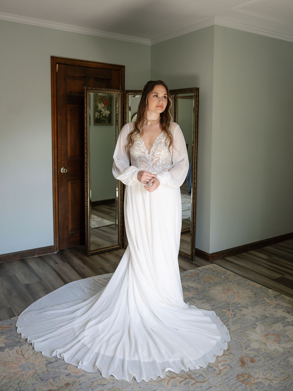 The Claire Gown – Nude Lace Western Wedding Dress with V-Neckline