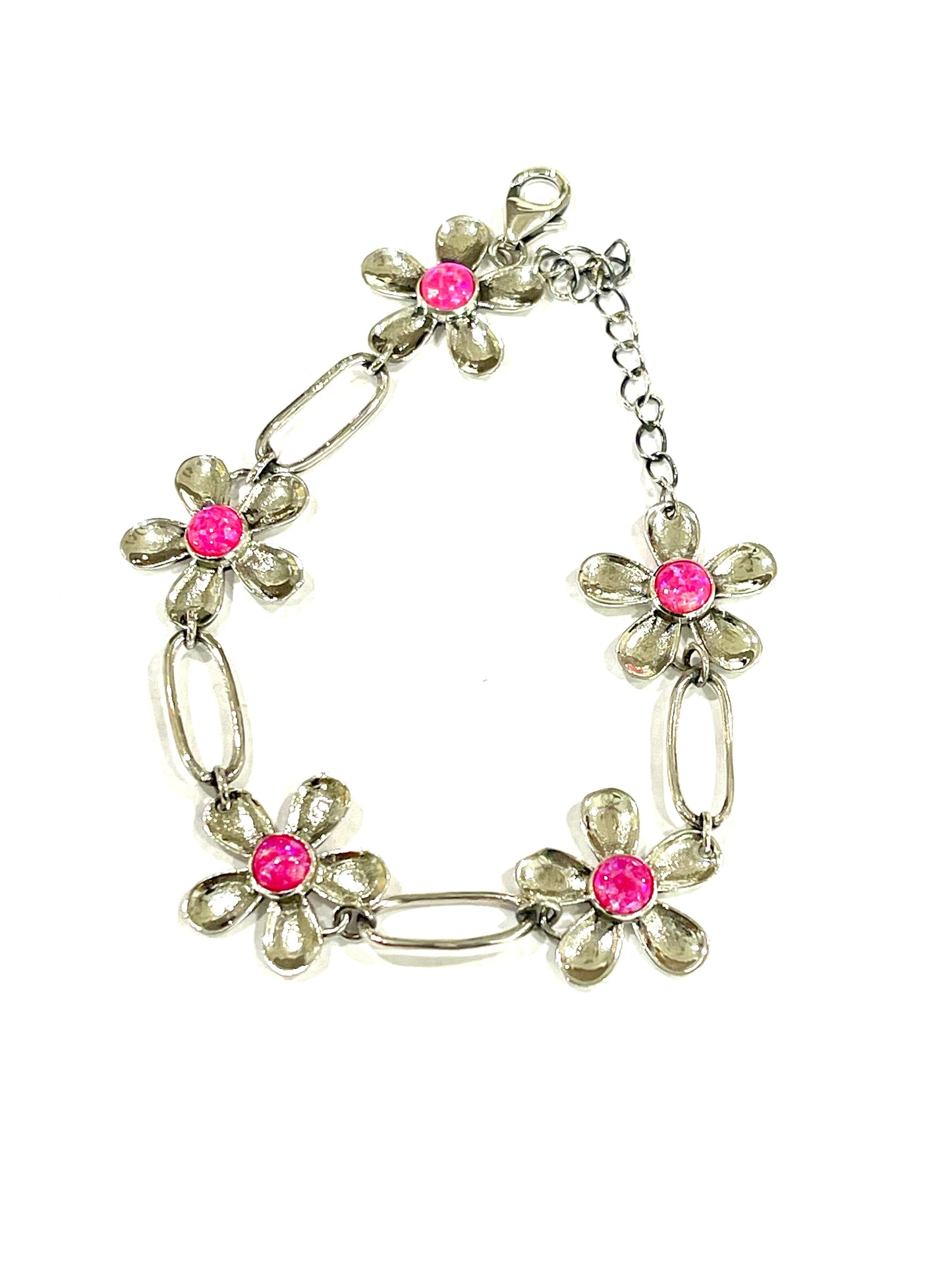Handmade Sterling Silver & Pink Fire Opal Daisy Flower Bracelet