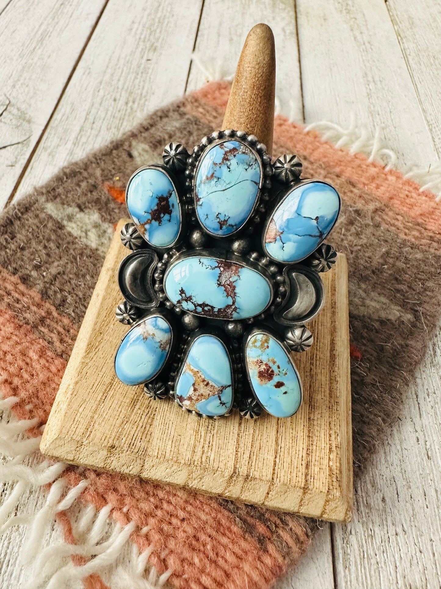 Handcrafted Golden Hills Turquoise & Sterling Silver Cluster Ring Size 9.5