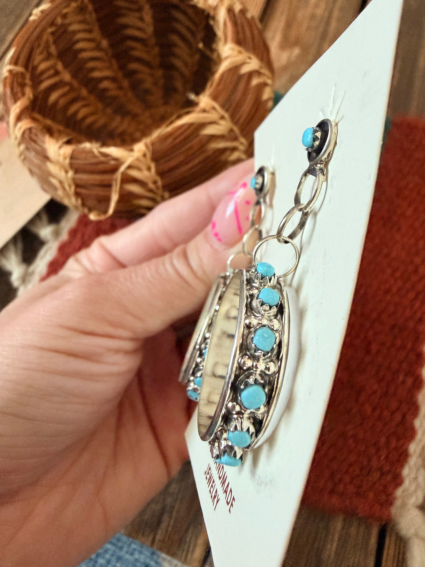 Handcrafted Sterling Silver & Turquoise Petit Point Dangle Hoop Earrings