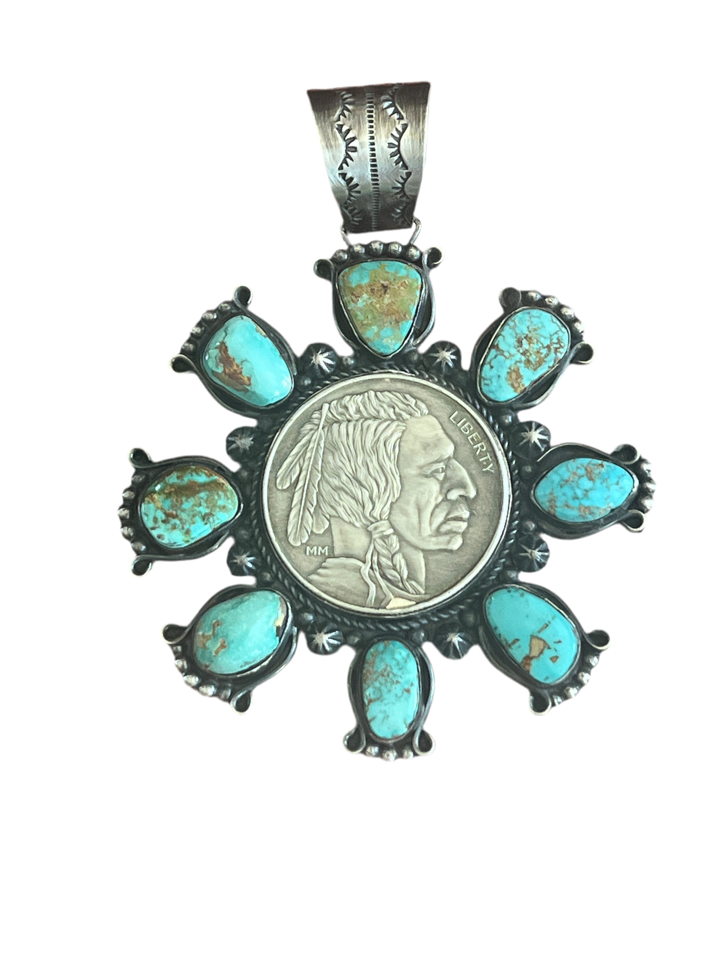Rosella Paxson Natural Royston Turquoise and Fine Silver Indian Head Bullion Cluster Pendant