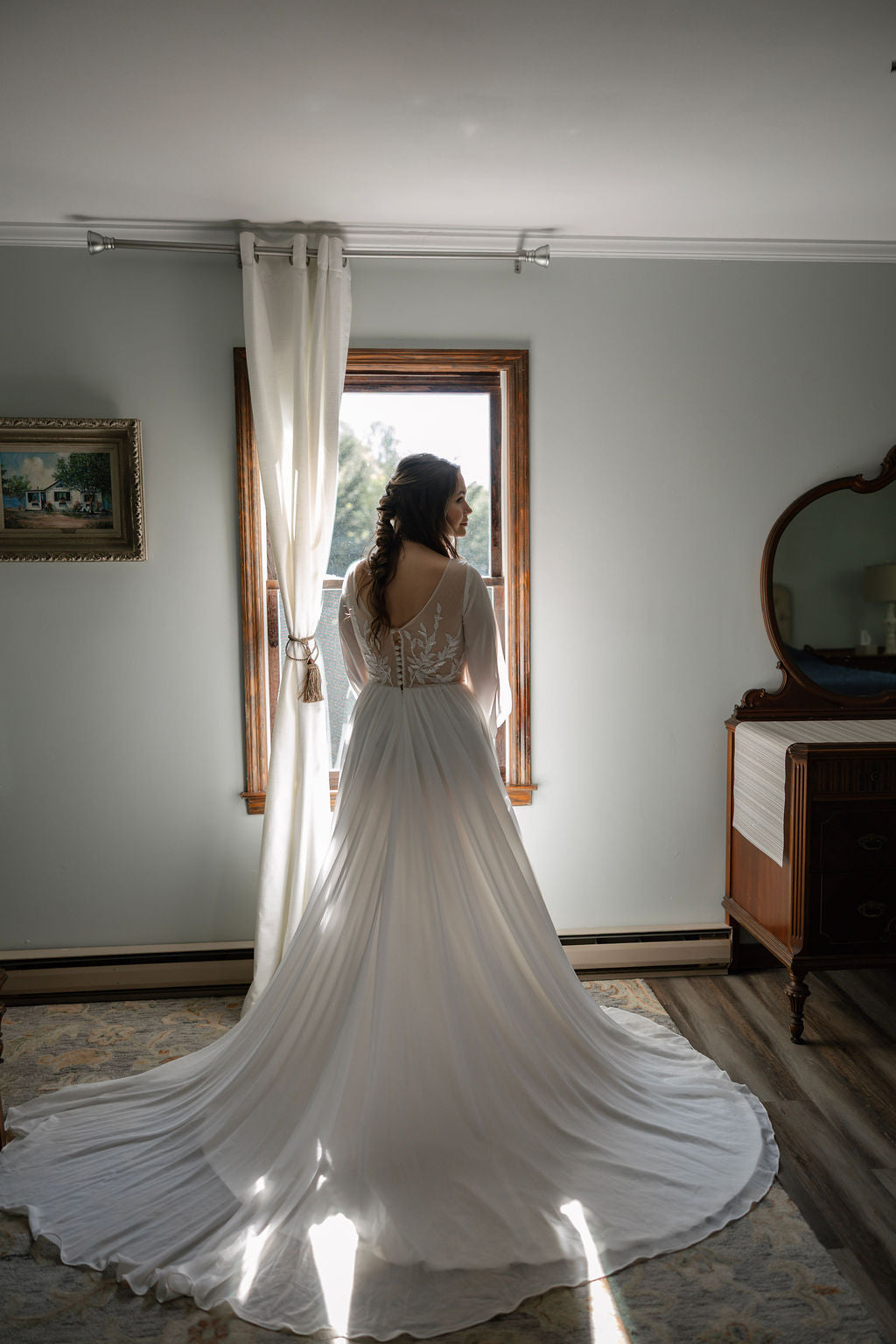 The Claire Gown – Nude Lace Western Wedding Dress with V-Neckline