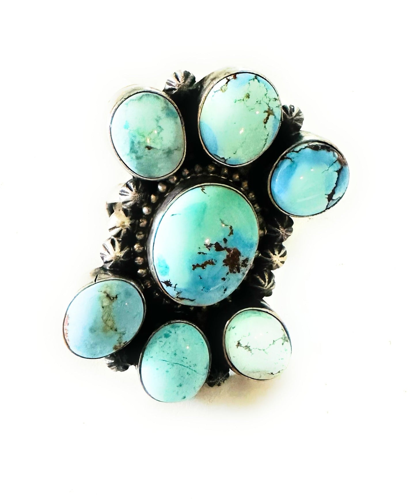 Handcrafted Golden Hills Turquoise & Sterling Silver Cluster Ring Size 10.5