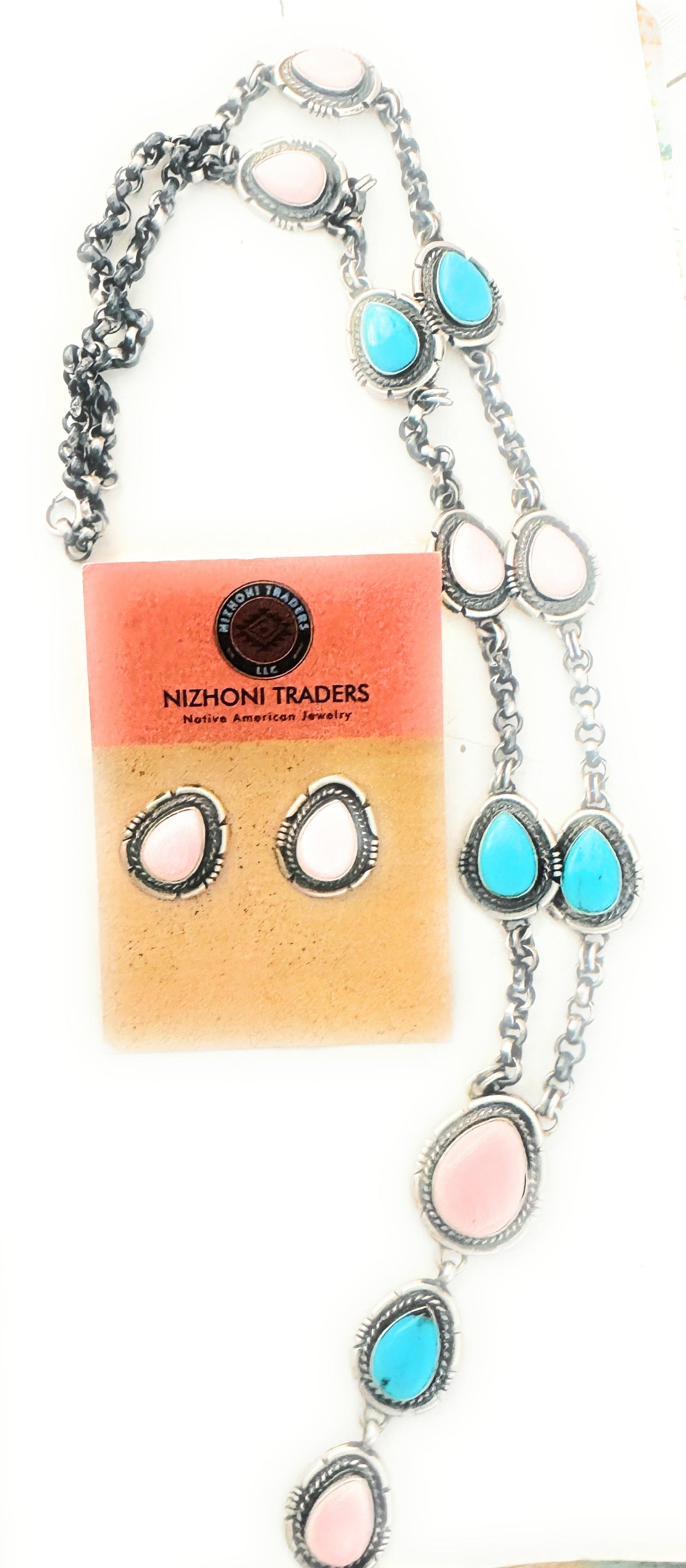 Handcrafted Turquoise, Pink Conch & Sterling Silver Necklace Set